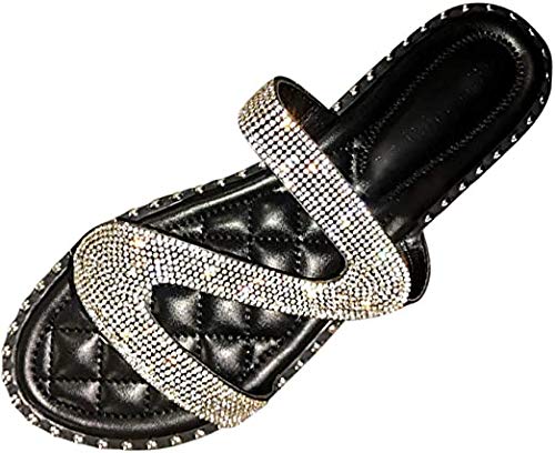 VARWANEO Women's Rhinestone Slippers - Sparkling Casual Flat Sandals for Women - Comfortable Round Toe Beach Slides - Perfect for Poolside, Vacation & Summer Outfits