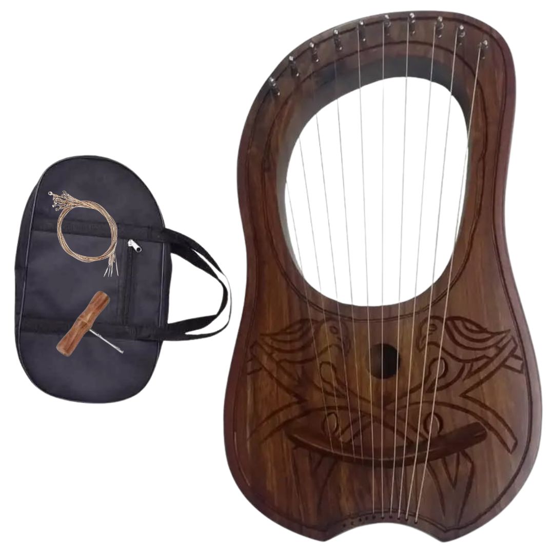 Irish Lyre Harp Rosewood with Metal Strings - 2 Birds Design Handcrafted Musical Instrument for Celtic Music, Wedding, Meditation & Home Decor