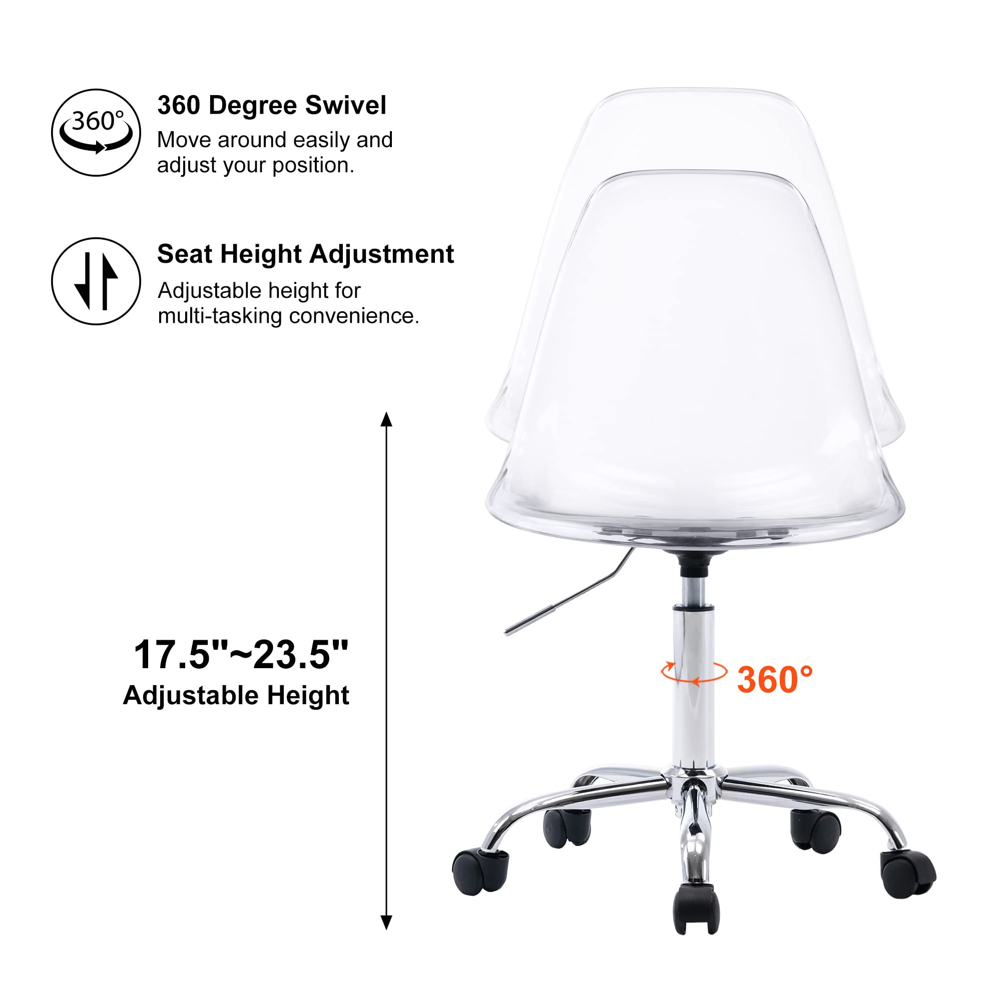 Acrylic Clear Desk Chair - Rolling Armless Swivel Height Adjustable Office Chair with Wheels | Modern Ghost Molded Plastic Design for Home Office, Vanity & Workspace