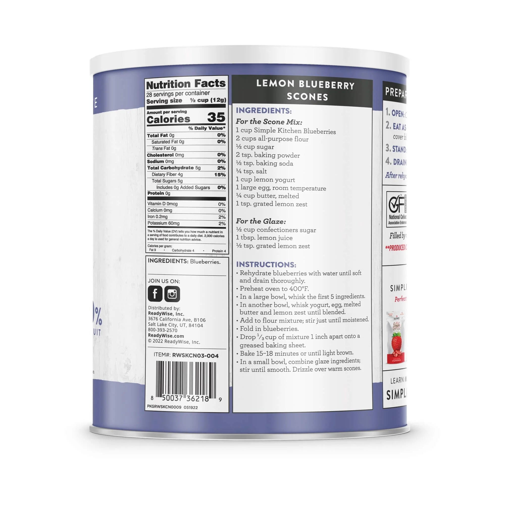 ReadyWise Simple Kitchen Freeze Dried Whole Blueberries - 28 Servings Can | Long Shelf Life Emergency Food & Camping Snacks | Perfect for Hiking, Survival Kits & Healthy Breakfast Toppings