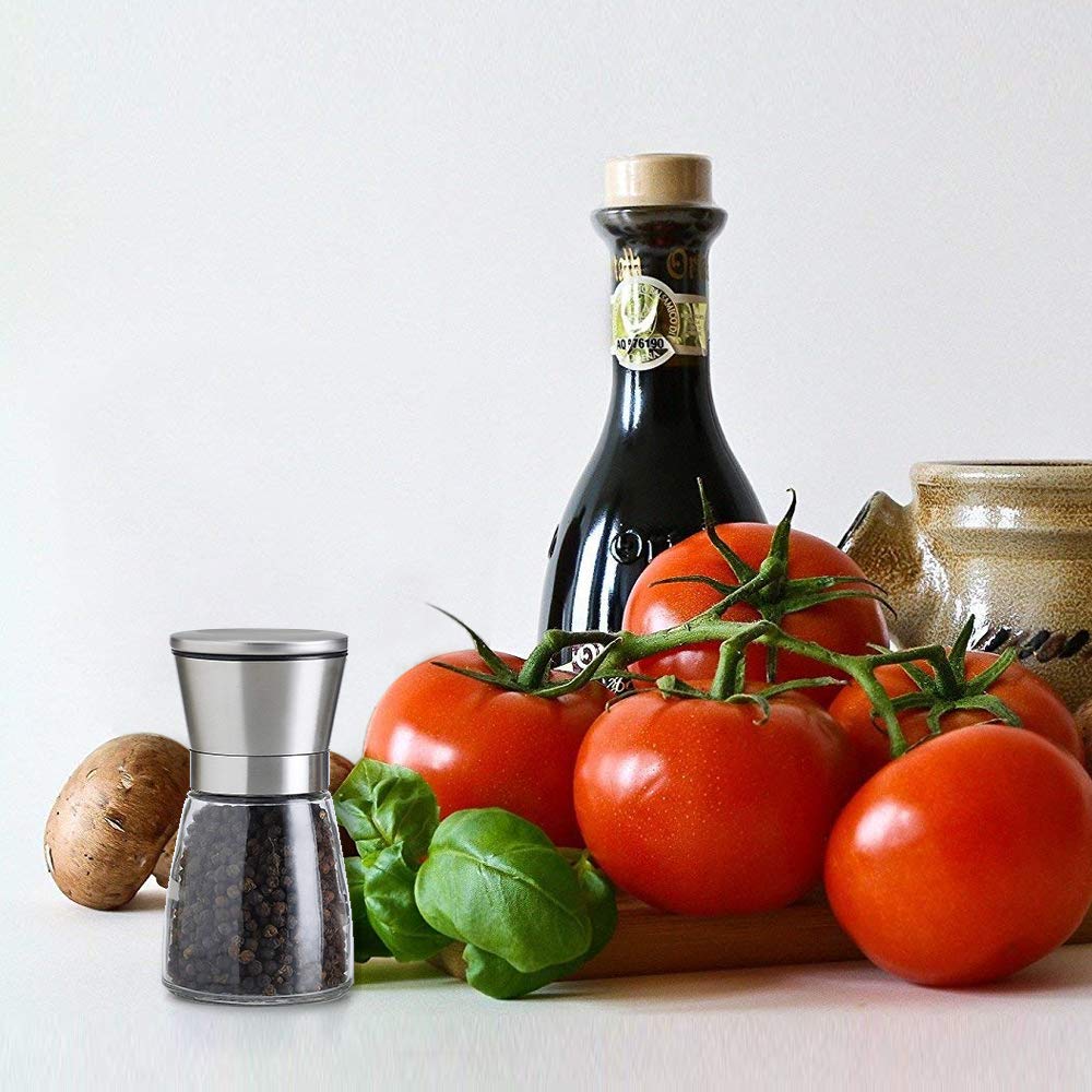 Premium Salt and Pepper Grinder Set - Adjustable Coarseness, Refillable Manual Mill with Stainless Steel Lid & Glass Body - Perfect for Home Kitchen, Dining Table, BBQ, Camping & Gifting