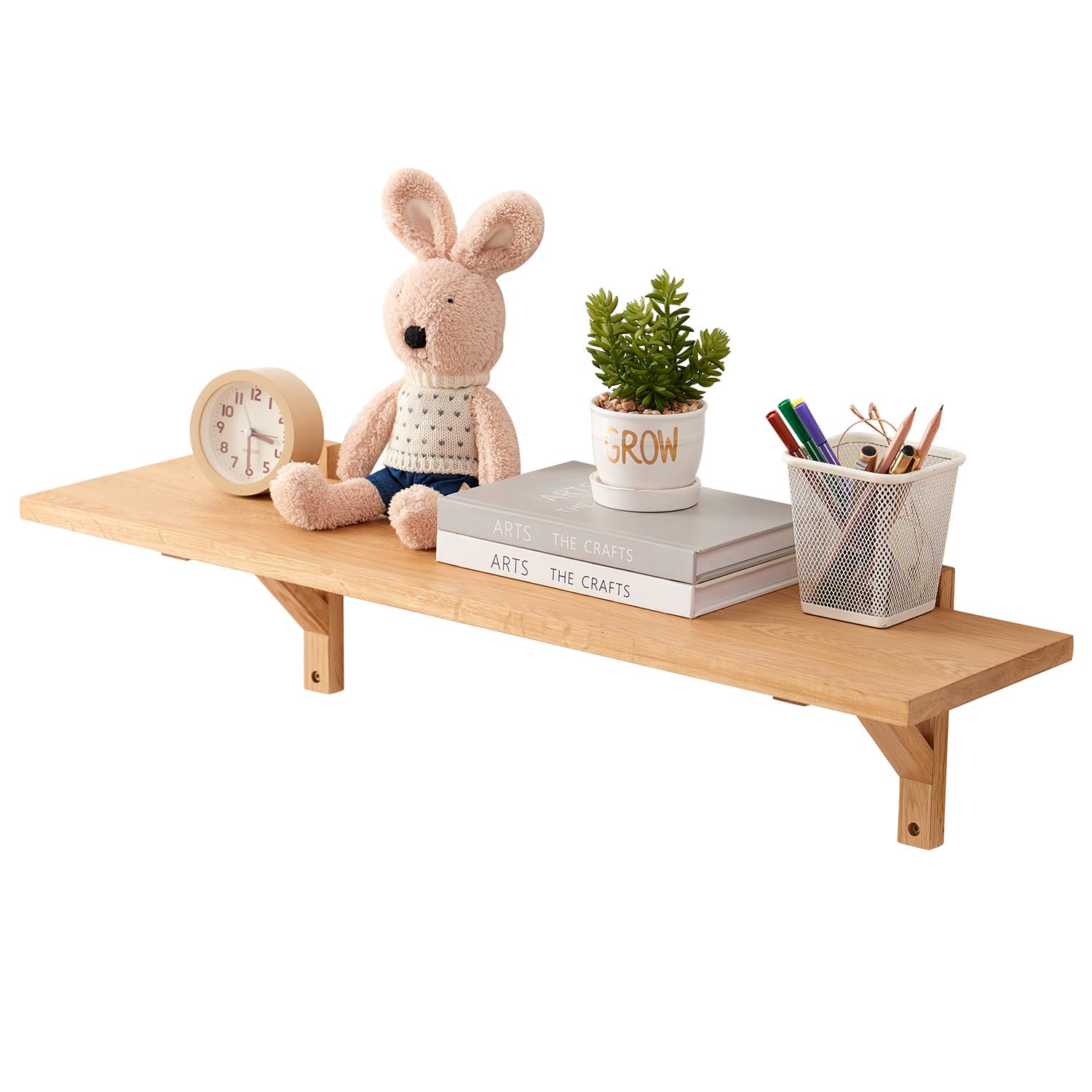 32 Inch Oak Floating Shelves - Natural Wood Wall Mounted Shelf with Brackets for Bedroom, Living Room, Bathroom, Kitchen & Office - Rustic Wall Storage Shelves for Home Decor and Organization