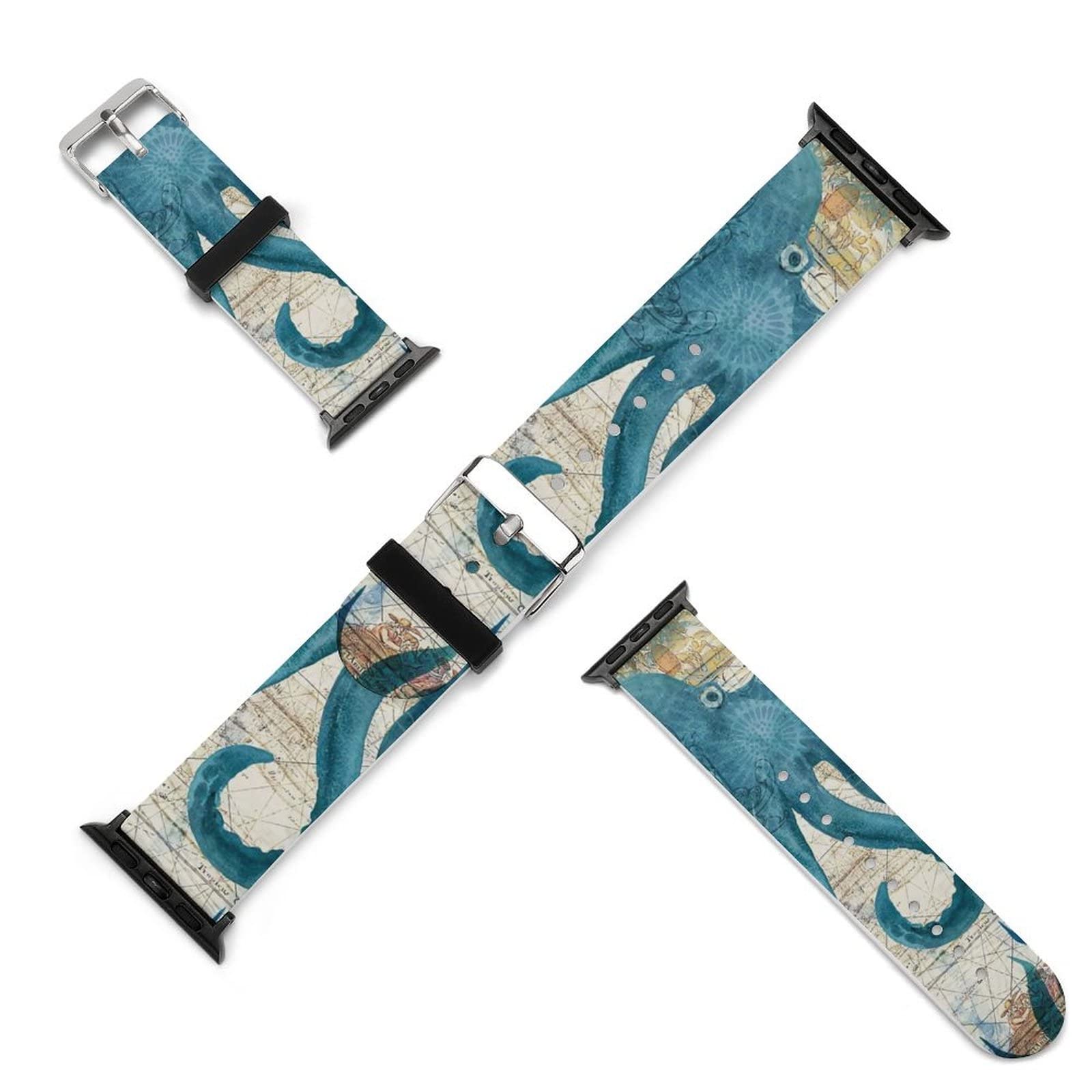 YouTary Blue Octopus Nautical Map Silicone Watch Band - Compatible with Apple Watch Series 5/4/3/2/1 & SE - Soft Strap Replacement for Women & Men - Perfect for Swimming, Sports & Everyday Wear