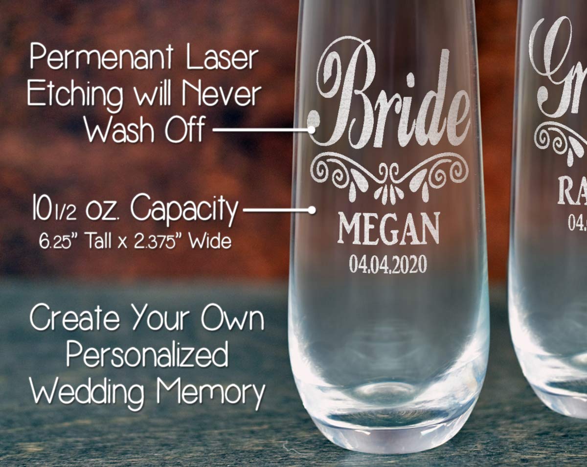 Personalized Wedding Champagne Glasses Set of 2 - Custom Engraved Stemless Flutes for Bride & Groom, Bridal Shower, Anniversary Gifts (55th Year) - Perfect for Wedding Toasts, Romantic Dinners & Anniversary Celebrations
