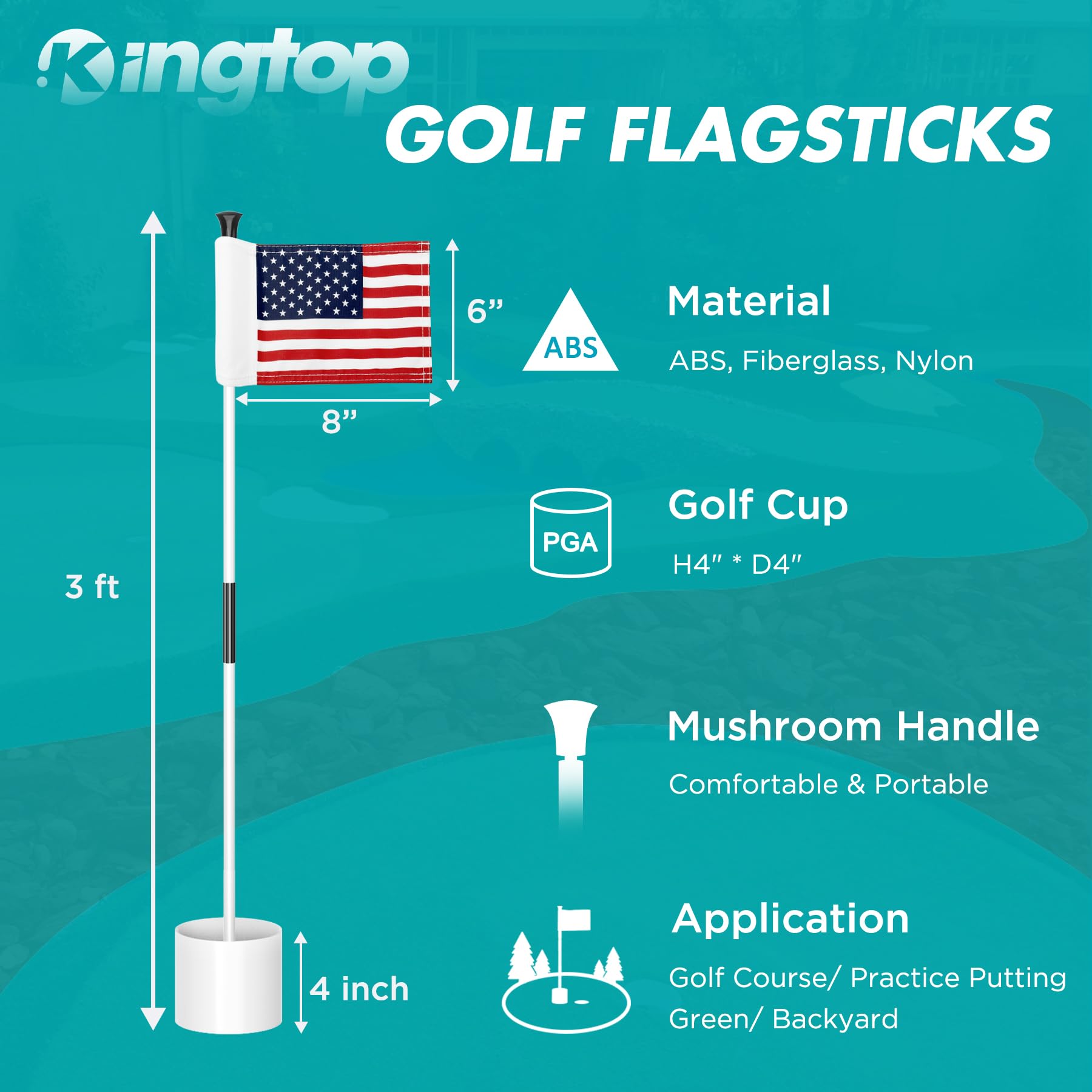 KINGTOP Golf Flagstick Mini - 3ft Practice Putting Green Flags for Yard & Golf Pin Flag Hole Cup Combo Kit | Portable 2-Section Fiberglass Design with Double-Side American Flag | Perfect for Backyard Golf Practice, Indoor Putting Greens & Outdoor Training