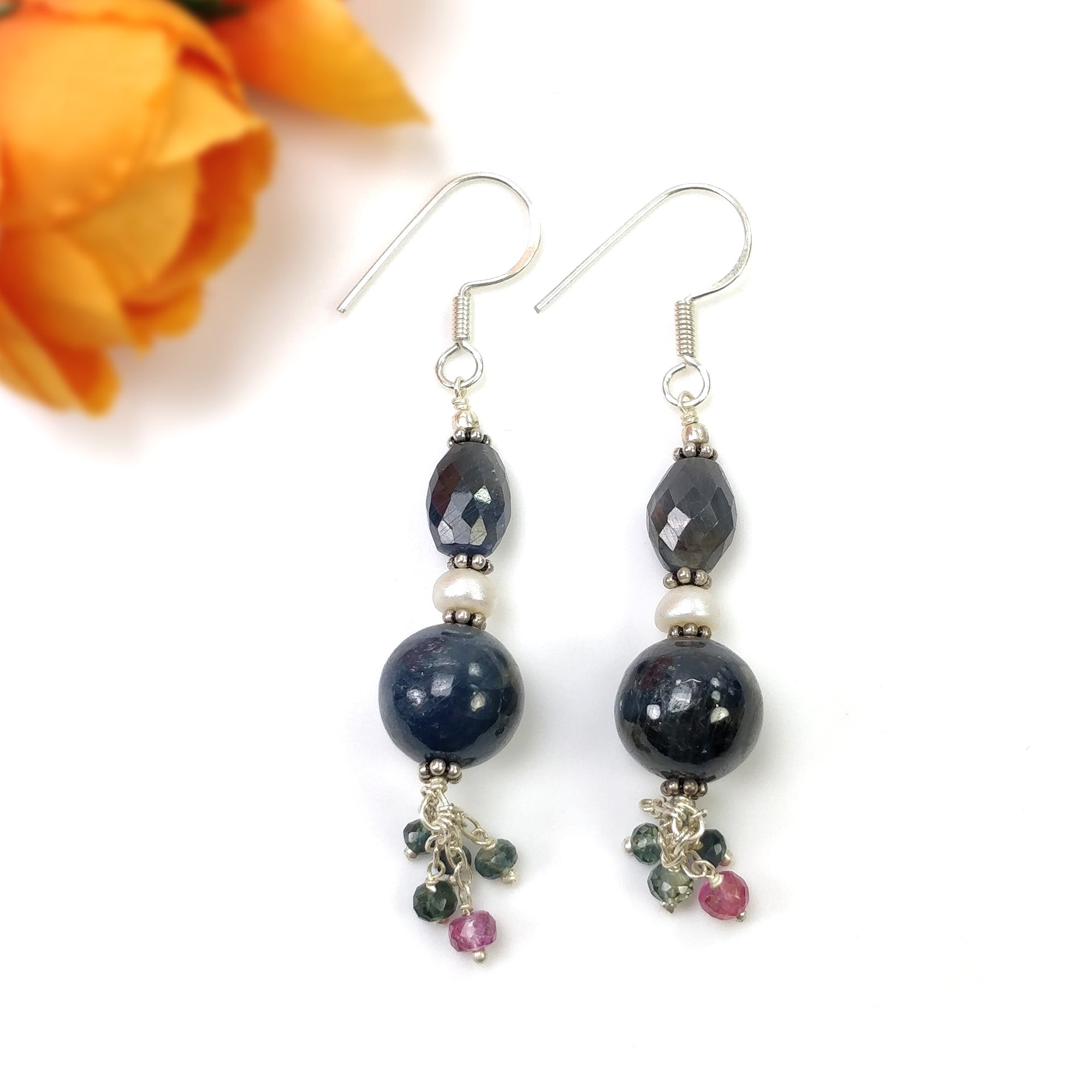 925 Sterling Silver Blue Pink Sapphire Gemstone Faceted Beaded Drop Dangle Earrings - 10.45g Natural Hook Earrings for Women | Perfect for Weddings, Parties & Special Occasions