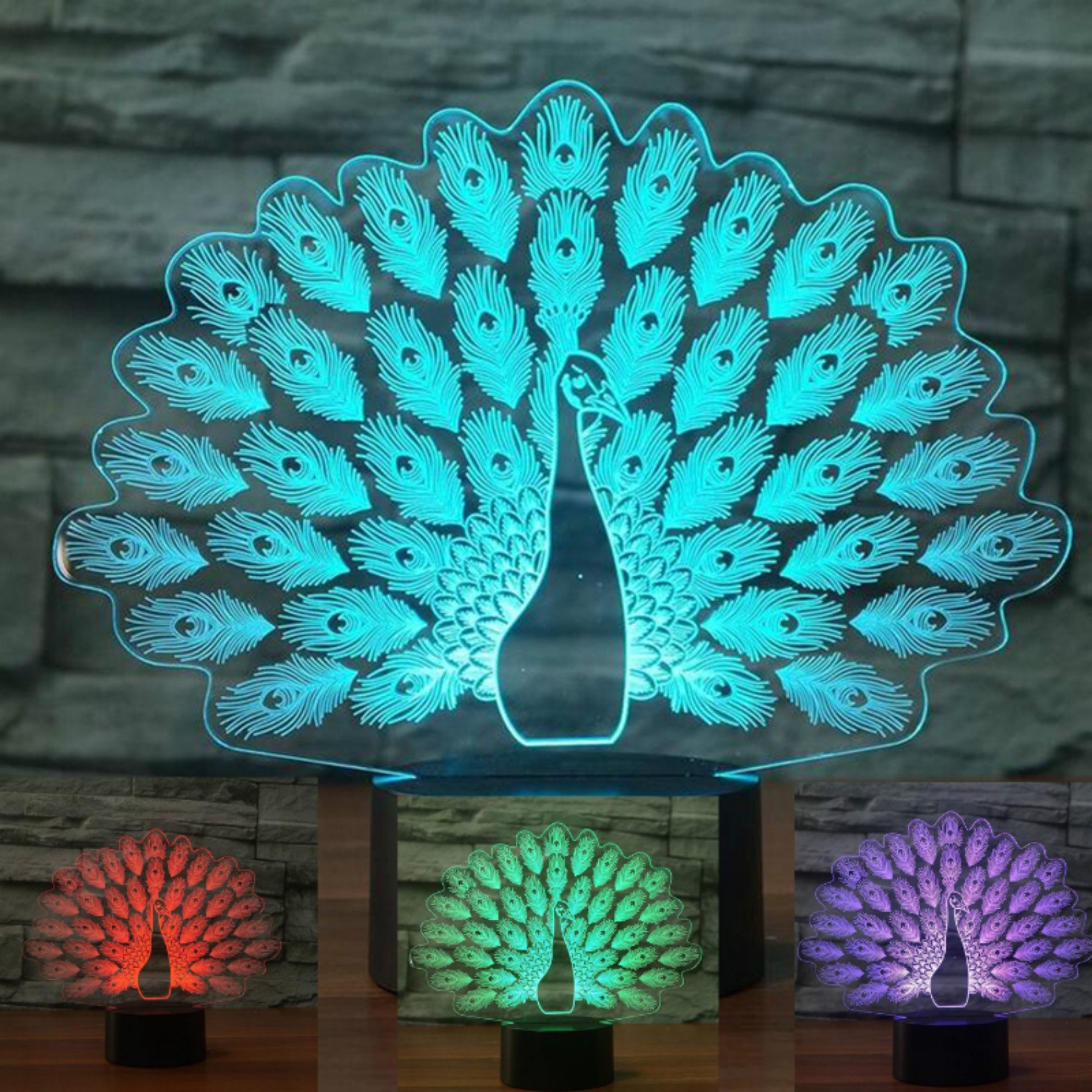 3D Peacock Night Light USB Touch Switch - 7 Color Changing LED Table Lamp for Home Decor, Kids Room, Birthday Gift | Optical Illusion Animal Desk Lamp with Touch Control for Bedroom, Nursery, Living Room