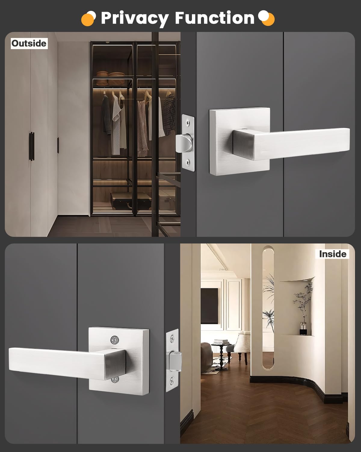 Gobrico 6-Pack Satin Nickel Interior Door Handles - Hall & Closet Lever Locks with Square Plates for Bedroom, Bathroom & Office Doors