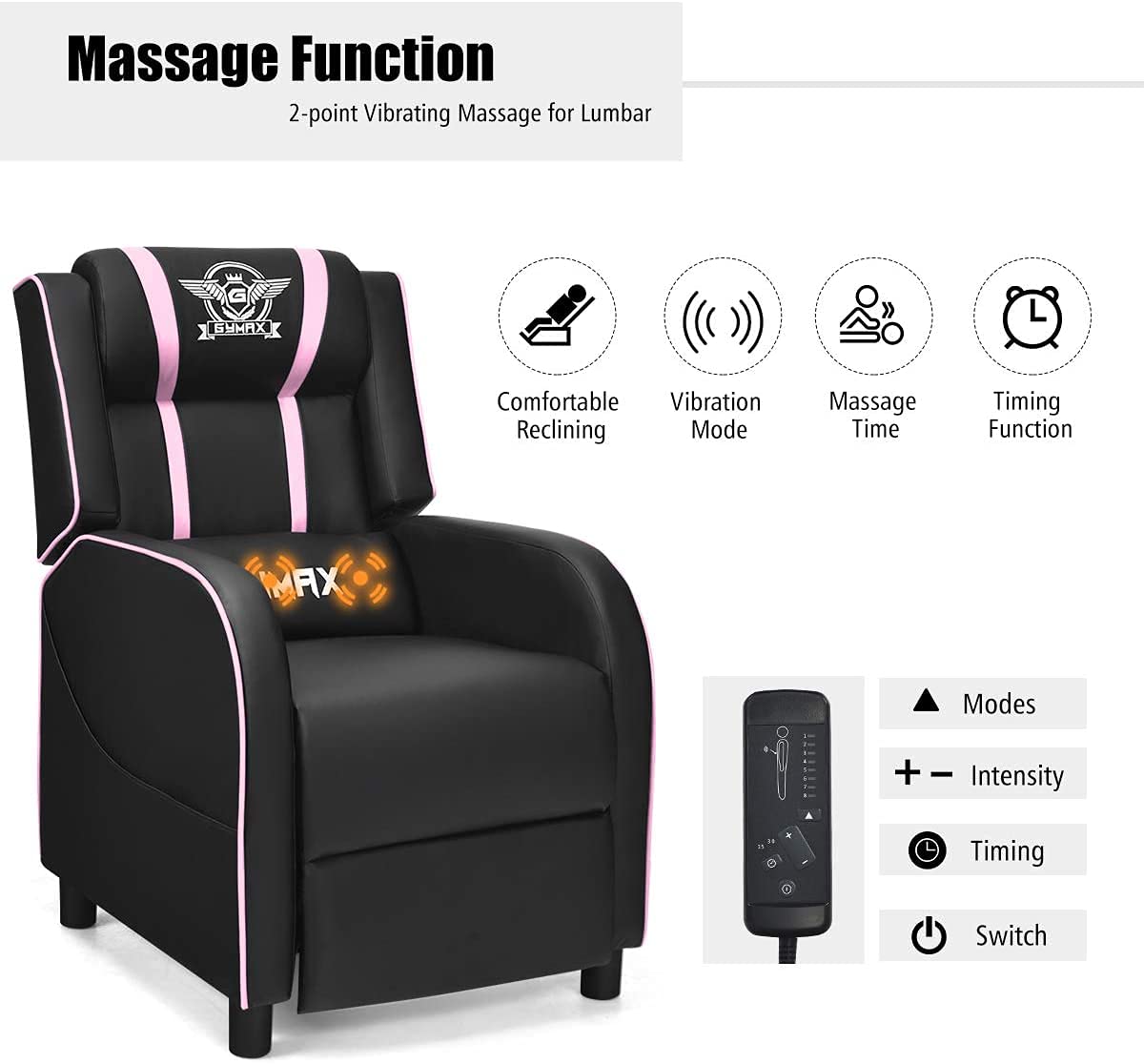 Ergonomic Massage Gaming Chair - High Back Recliner with Cushion, Racing Style PU Leather Swivel Office Chair for Adults (Pink) - Perfect for Home Office, Gaming Setup & Relaxation