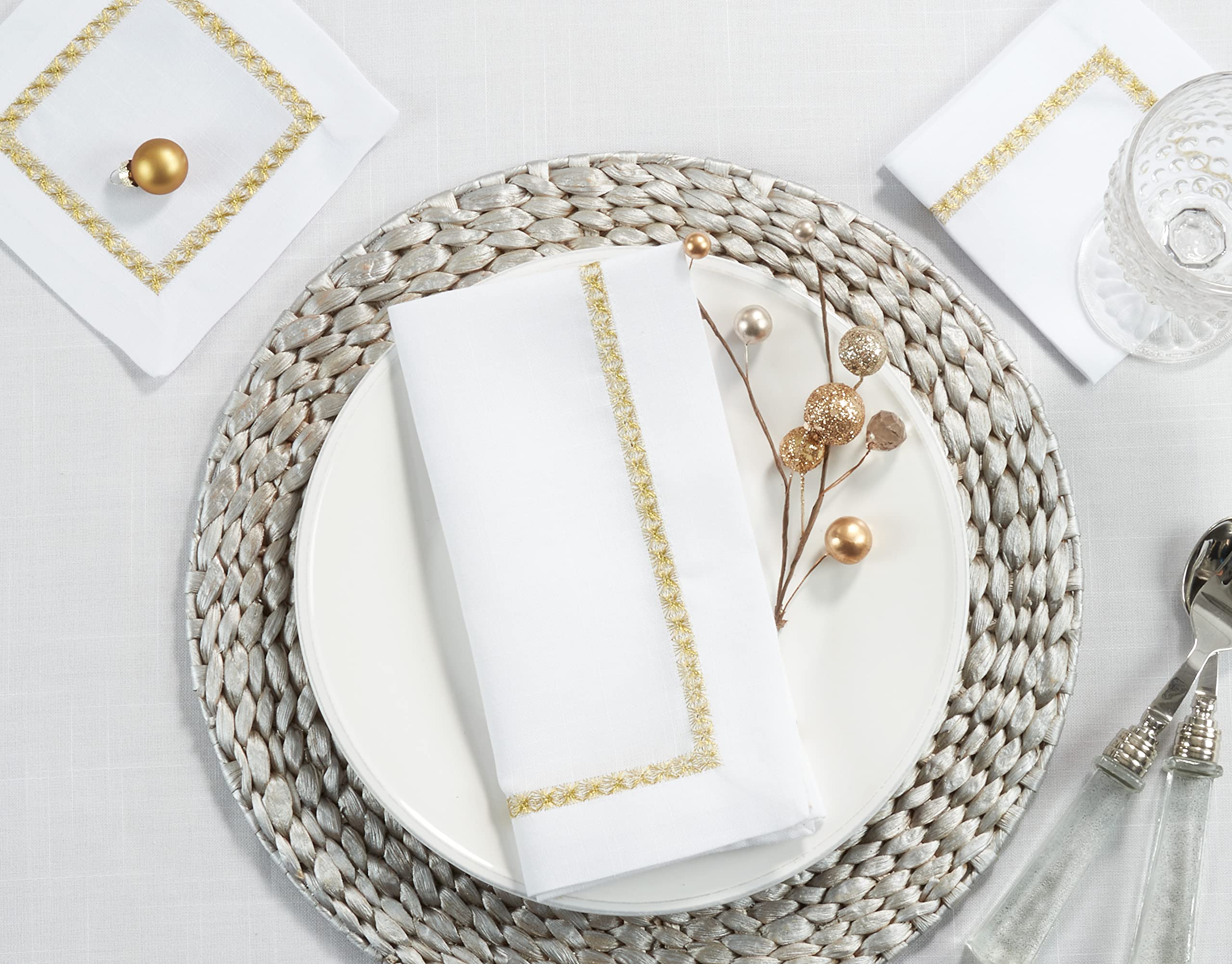 Premium Embroidered Border Table Napkins Set of 4 - Elegant Linen Dinner Napkins for Formal Dining, Wedding, Holiday Parties & Special Occasions