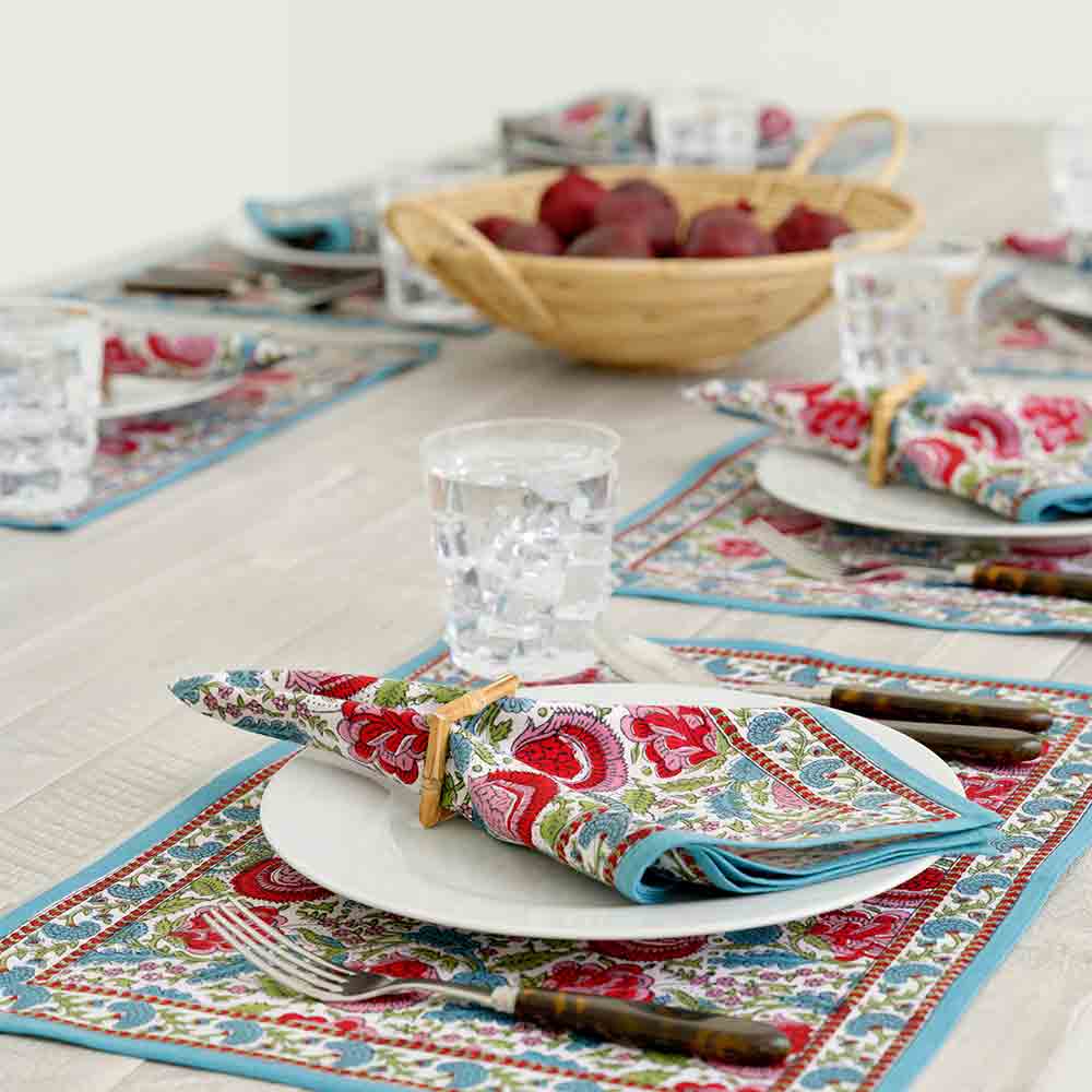 Bohemian Floral Turquoise & Cranberry Placemats - Set of 4 | Waterproof & Heat-Resistant Table Mats for Dining, Kitchen, or Party Decor
