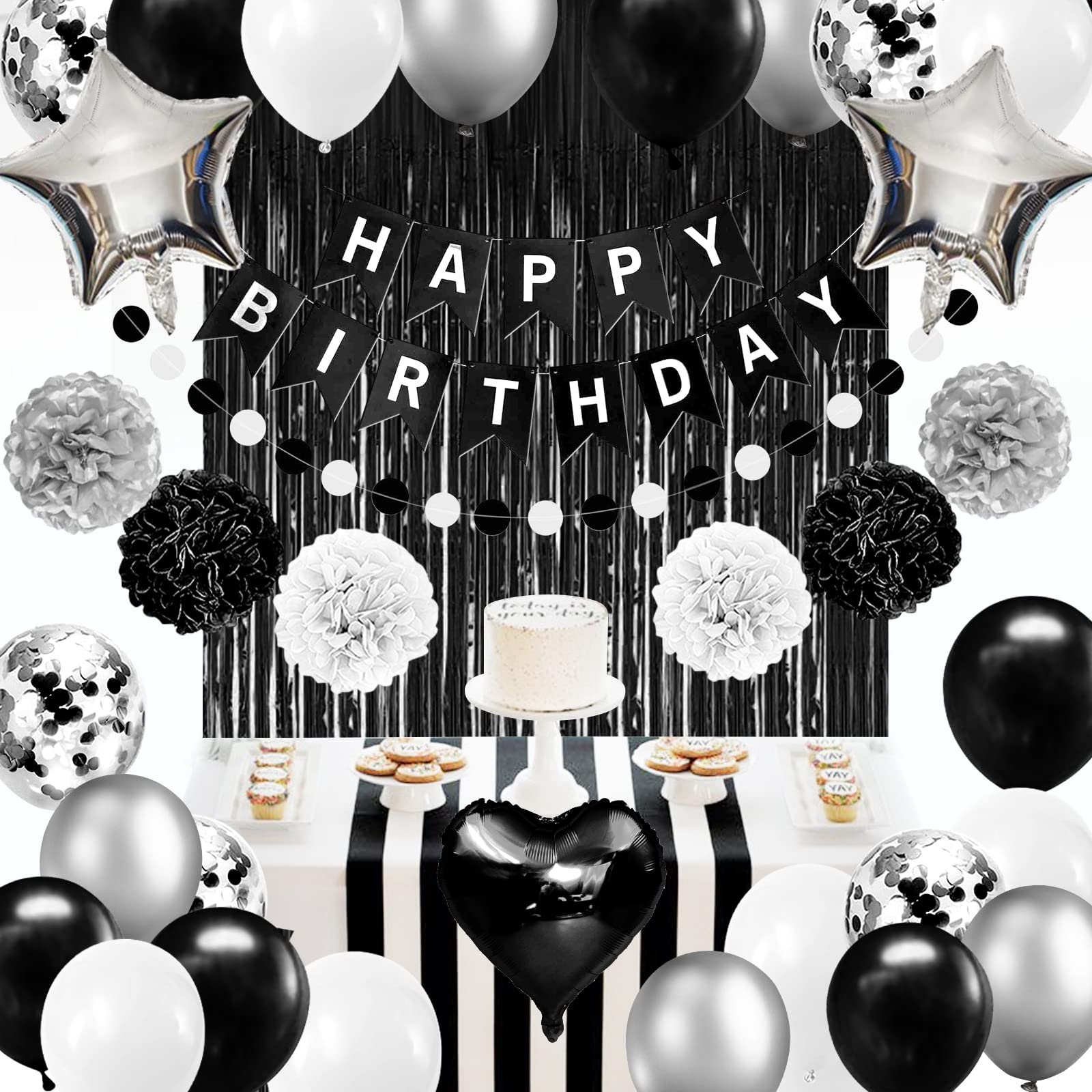 Black and White Birthday Party Decorations Set - Happy Birthday Banner, Fringe Curtains & Pompom Flowers for Men, Women, Boys & Girls | Elegant Black & Silver Theme for Adult Birthdays, Milestone Celebrations & Gender Reveal Parties