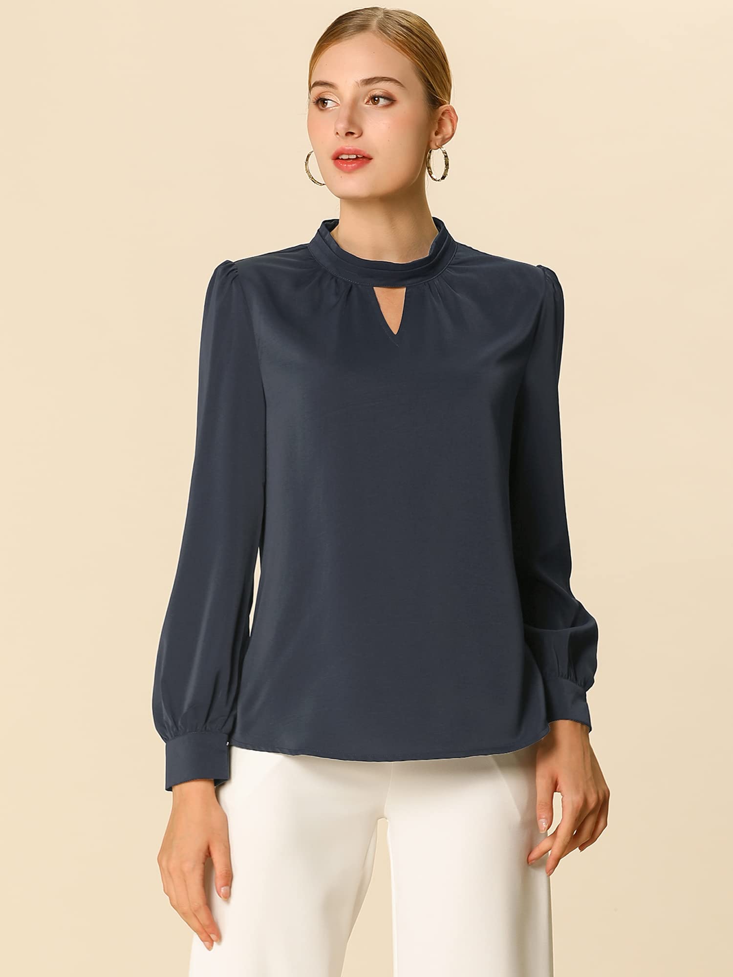 Allegra K Women's Elegant Stand Collar Keyhole Long Sleeve Blouse - Business Casual Work Tops for Office & Professional Wear | Perfect for Meetings, Presentations & Corporate Events