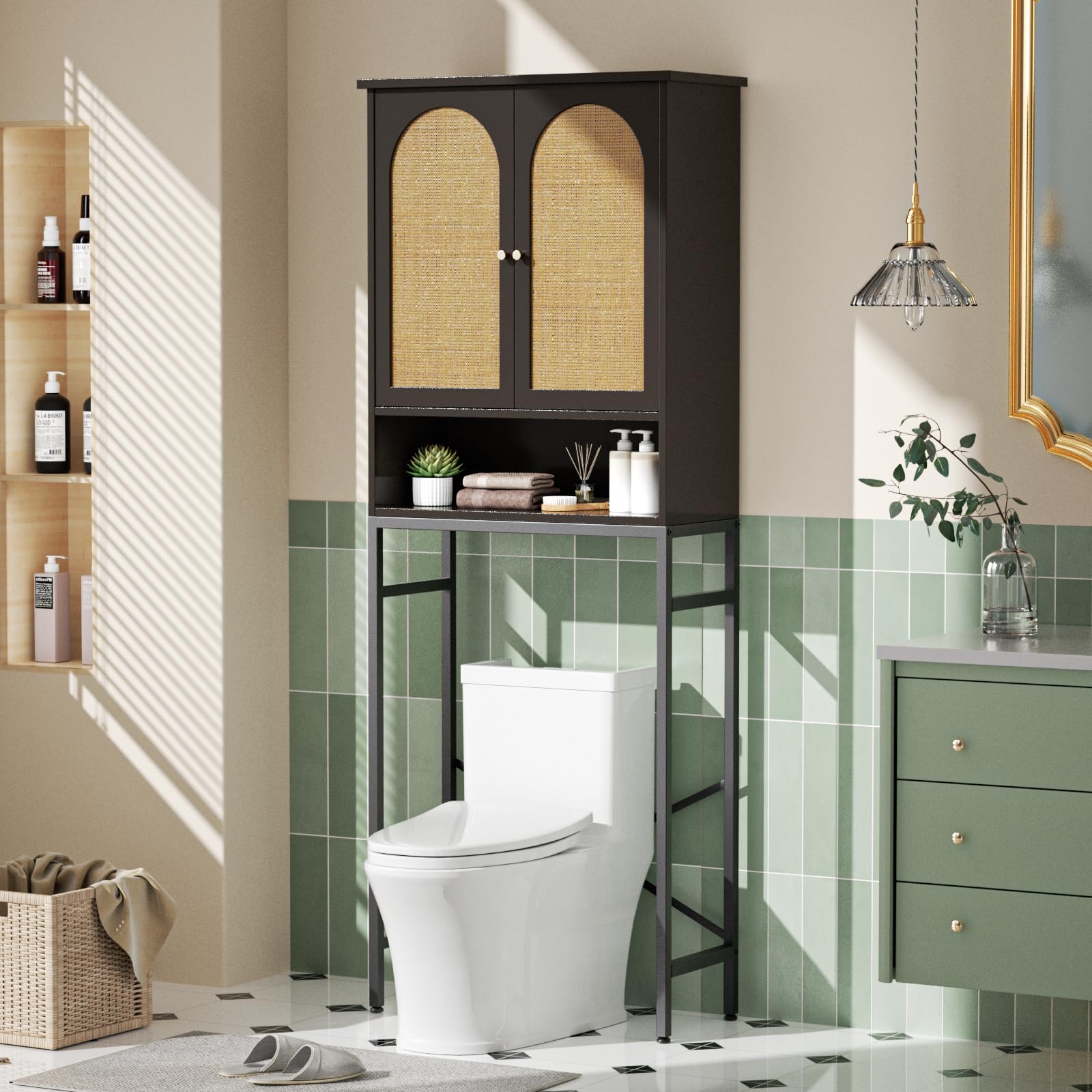 Natural Rattan Toilet Storage Cabinet - Over the Toilet Wooden Bathroom Organizer with Adjustable Shelf & Metal Stand | Freestanding Washer Shelf, Space-Saving Cupboard | Perfect for Small Bathrooms, Laundry Rooms & Apartment Storage (Black)