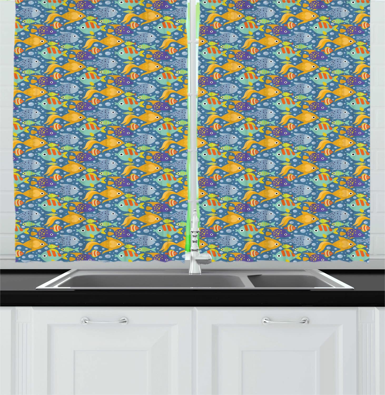 Ambesonne Aquarium Themed Long Kitchen Curtains - Hand-Painted Fish & Bubbles Design, 2-Panel Rod Pocket Drapes 55
