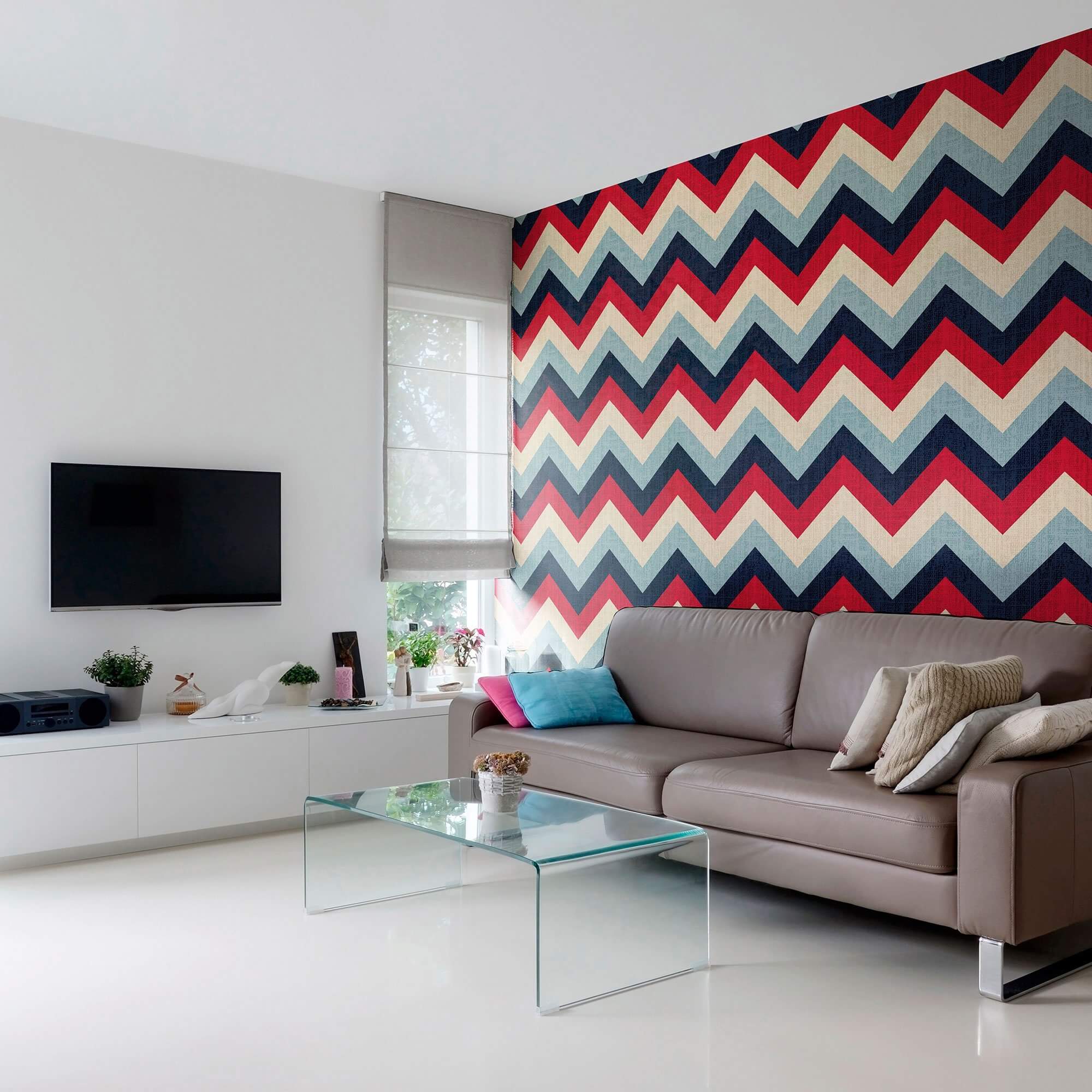 Red and Blue Chevron Geometric Peel and Stick Removable Wallpaper - Self-Adhesive Decorative Wall Covering for Bedroom, Living Room, Nursery & Office - Easy to Apply and Remove Without Damage