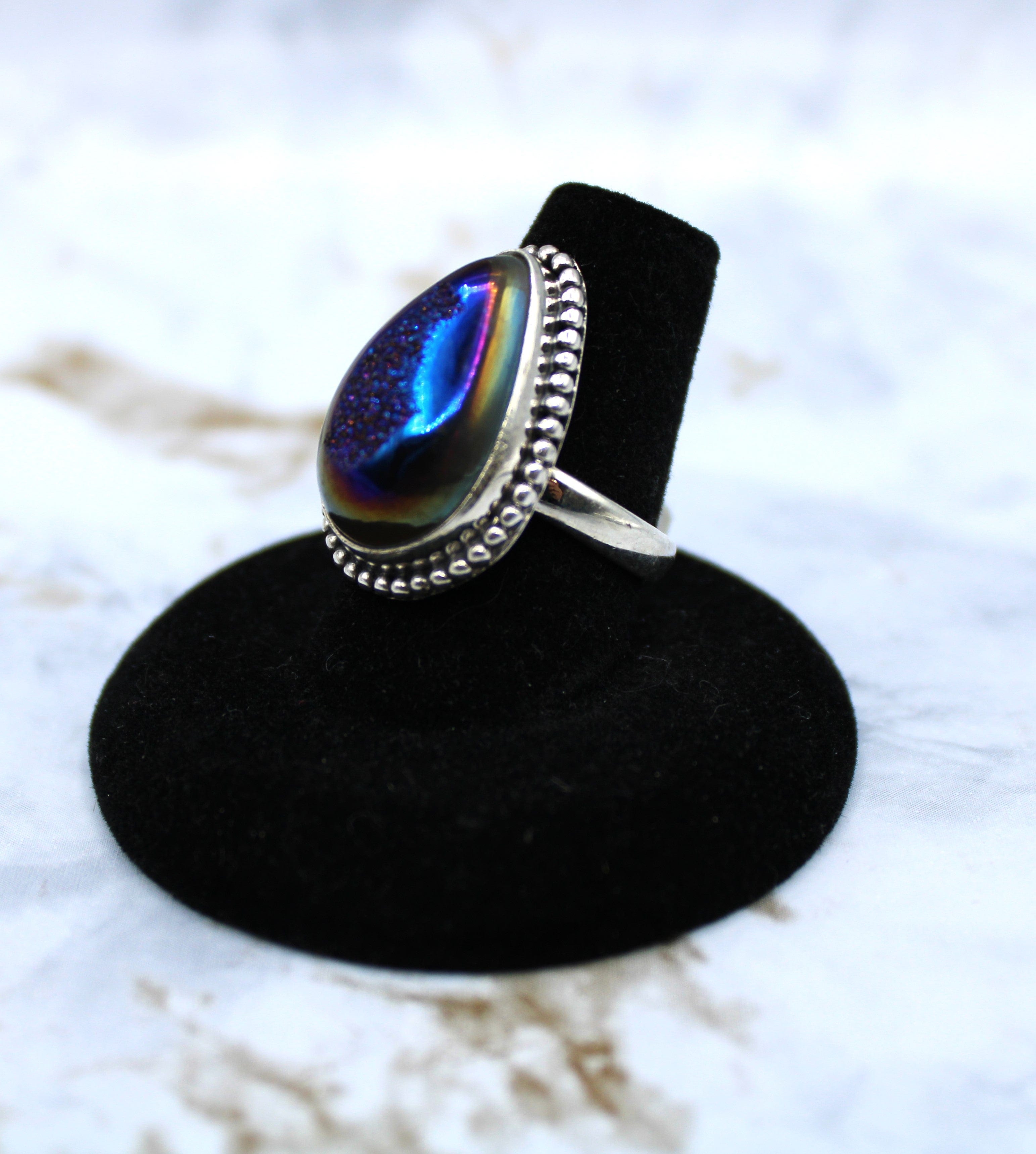 Aura Druzy Ring for Women - Size 7.5 Sterling Silver Adjustable Statement Jewelry - Perfect for Wedding, Party & Everyday Wear