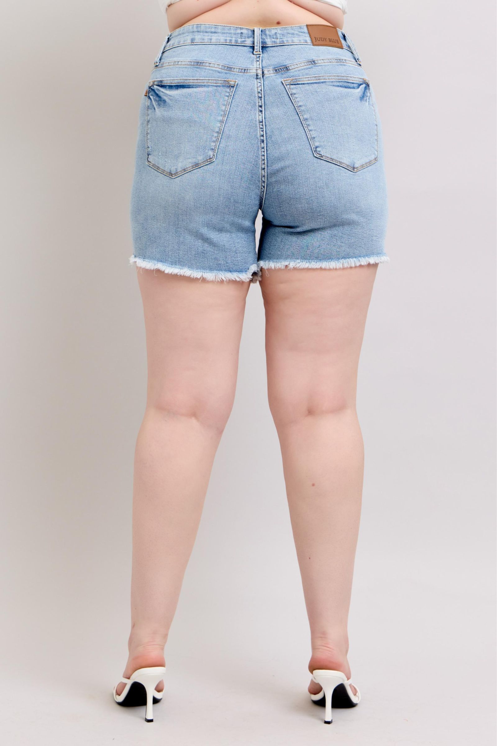 Judy Blue Plus Size Tummy Control Raw Hem Denim Shorts for Women - High Waisted Stretch Jeans Shorts for Summer, Casual Wear & Beach Outfits