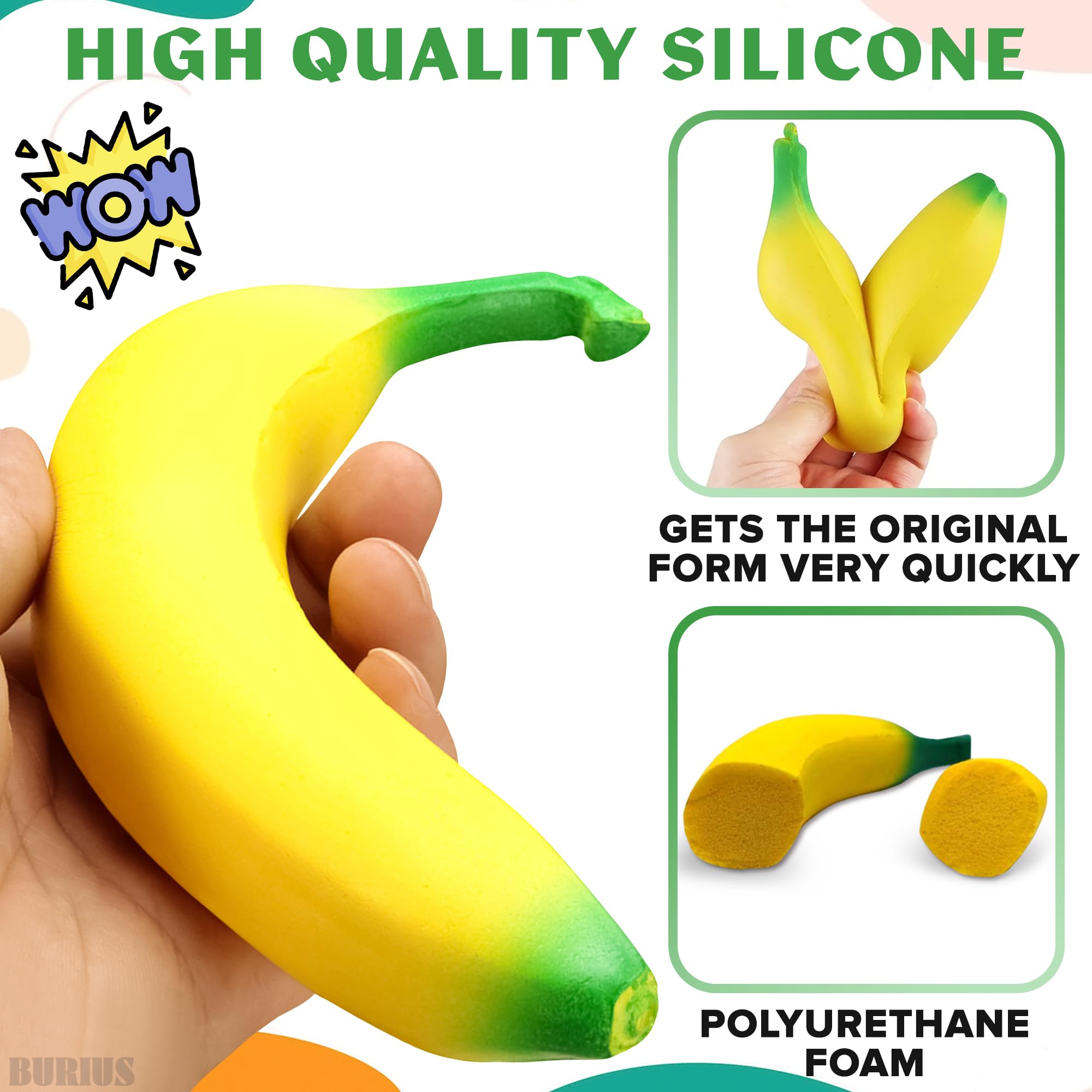 Banana Squishy Fidget Stress Relief Toys for Adults & Kids - Soft Foam Sensory Toys for Anxiety, ADHD, Autism - Fun Party Favors, Office Desk Decor & Classroom Sensory Tools - Stretchy Yellow Banana Anti-Stress Toy
