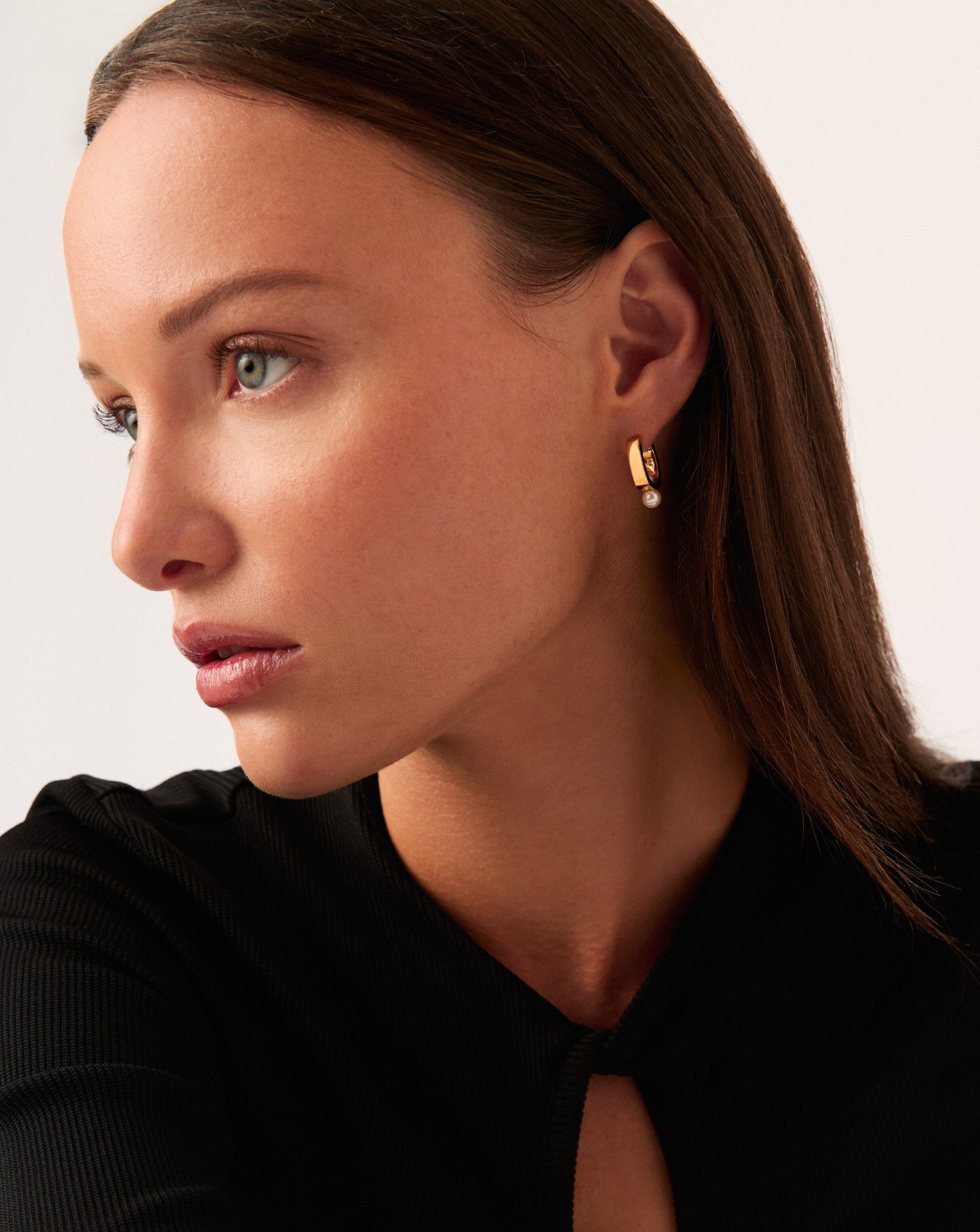 18k Gold Plated Button Pearl Square Small Hoop Earrings for Women - Elegant Minimalist Dainty Jewelry for Everyday Wear, Office, Date Night & Special Occasions