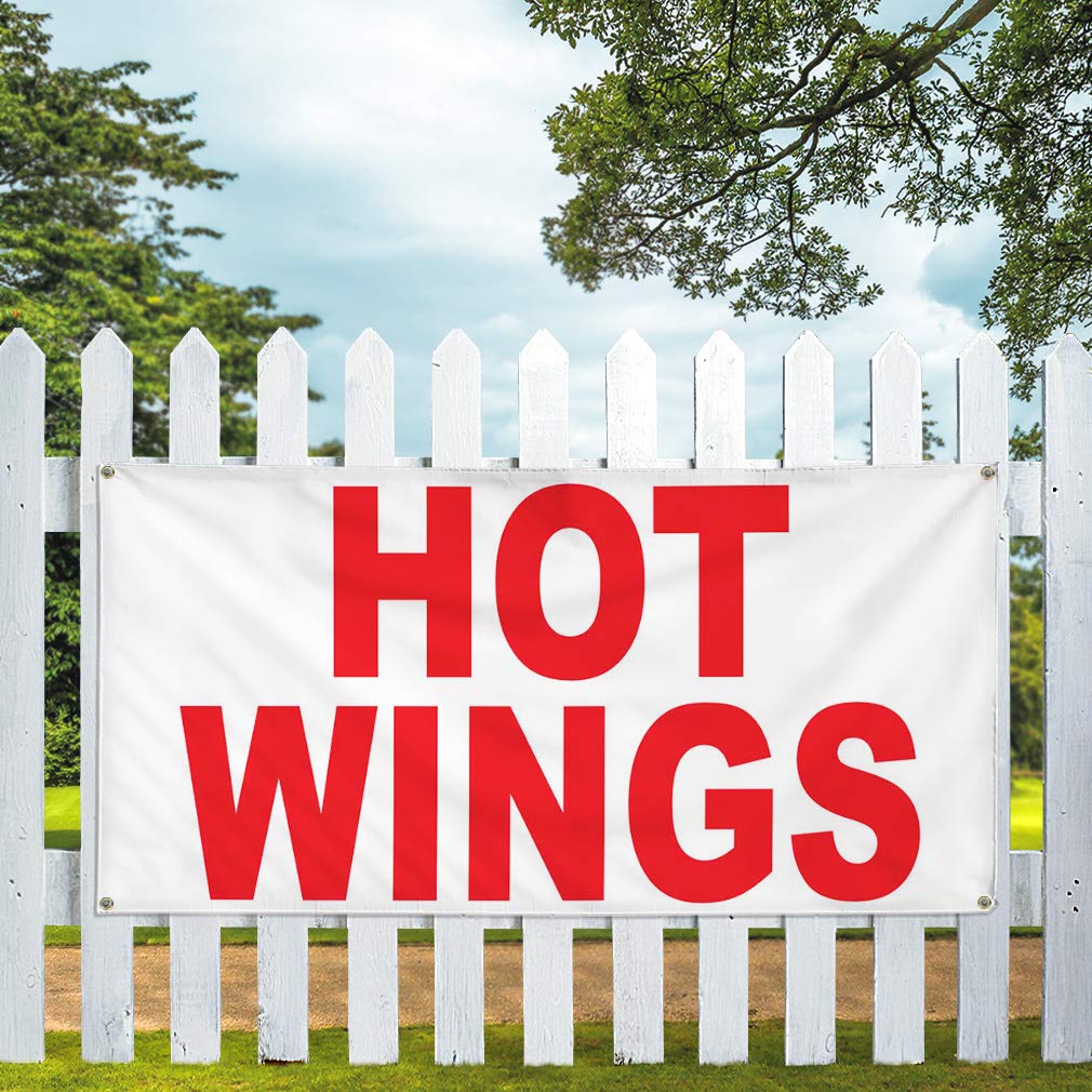 Hot Wings Red Vinyl Banner - 48x96 Inches Weatherproof Outdoor Sign with 8 Grommets for Restaurants, Food Trucks & Bars | Durable Yard Sign for Commercial Use, Events & Advertising