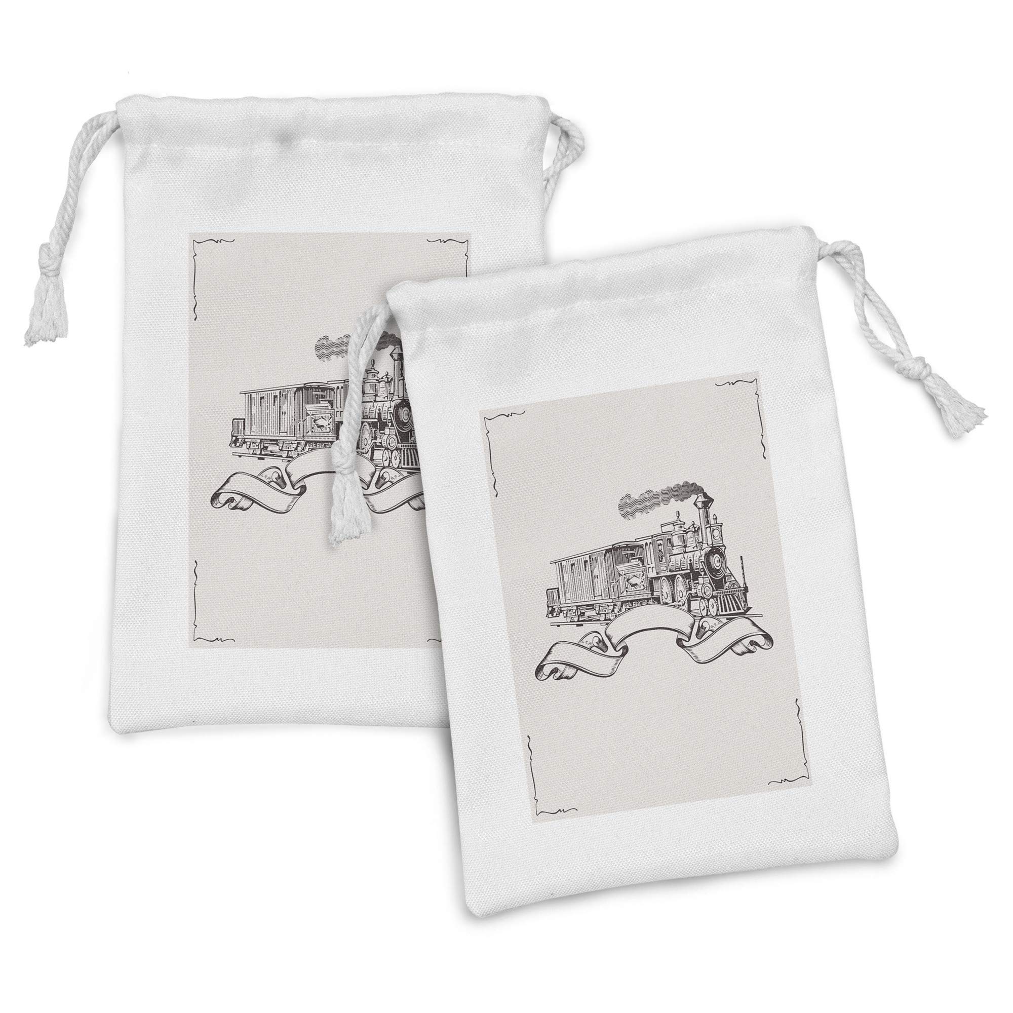 Ambesonne Vintage Fabric Pouch Set of 2 - Retro Steam Locomotive Drawstring Bags (9