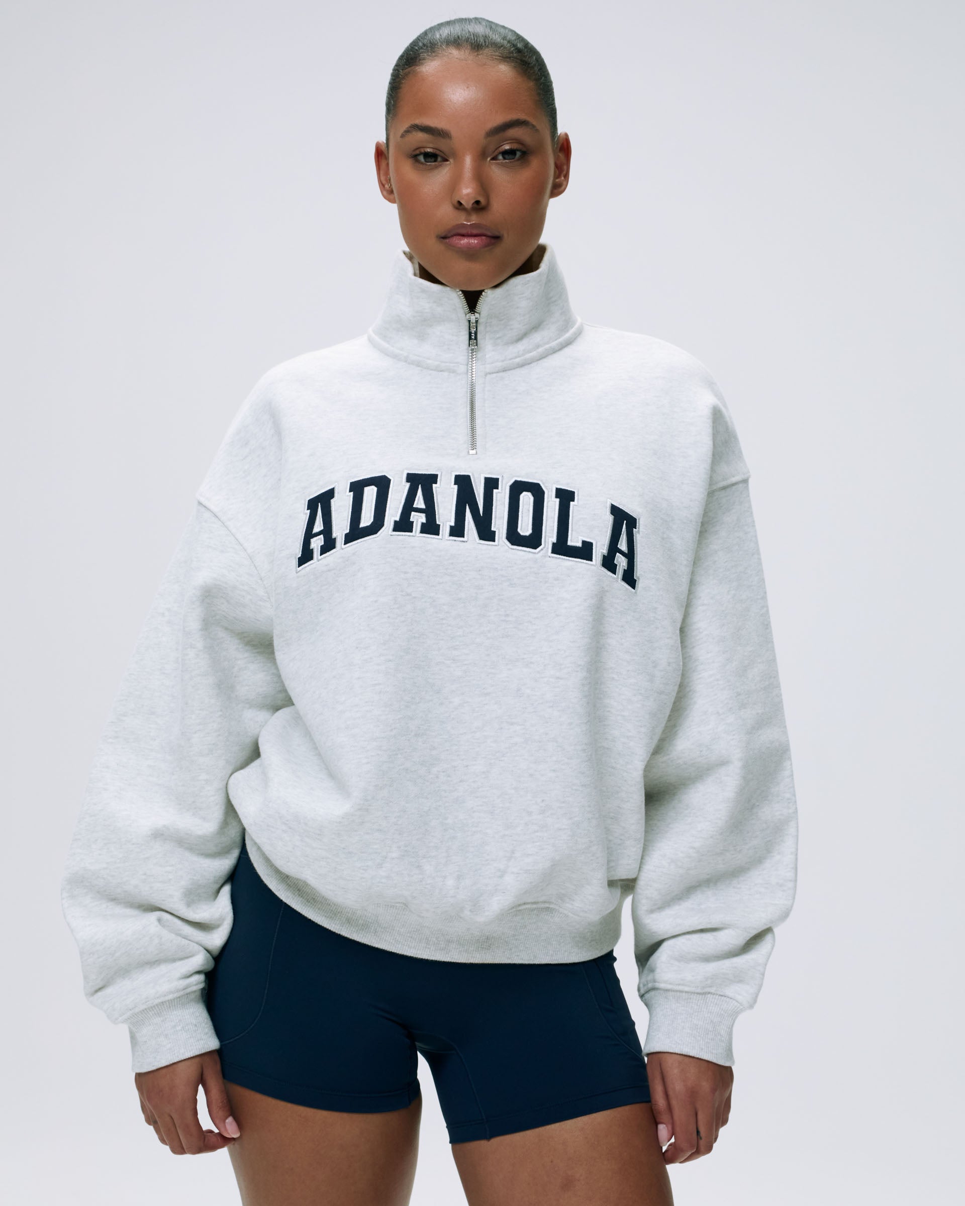 Varsity Relaxed Funnel Neck Zip Sweatshirt - Light Grey Melange & Navy Blue | Casual Pullover Hoodie for Men & Women | Perfect for College, Gym & Streetwear Fashion