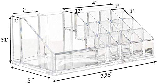 PRUTHA® 16 Grid Clear Acrylic Lipstick Organizer & Nail Polish Holder - 16 Compartment Makeup Storage Box for Lip Gloss, Cosmetics, Jewelry - Perfect for Vanity, Bathroom, and Travel Organization