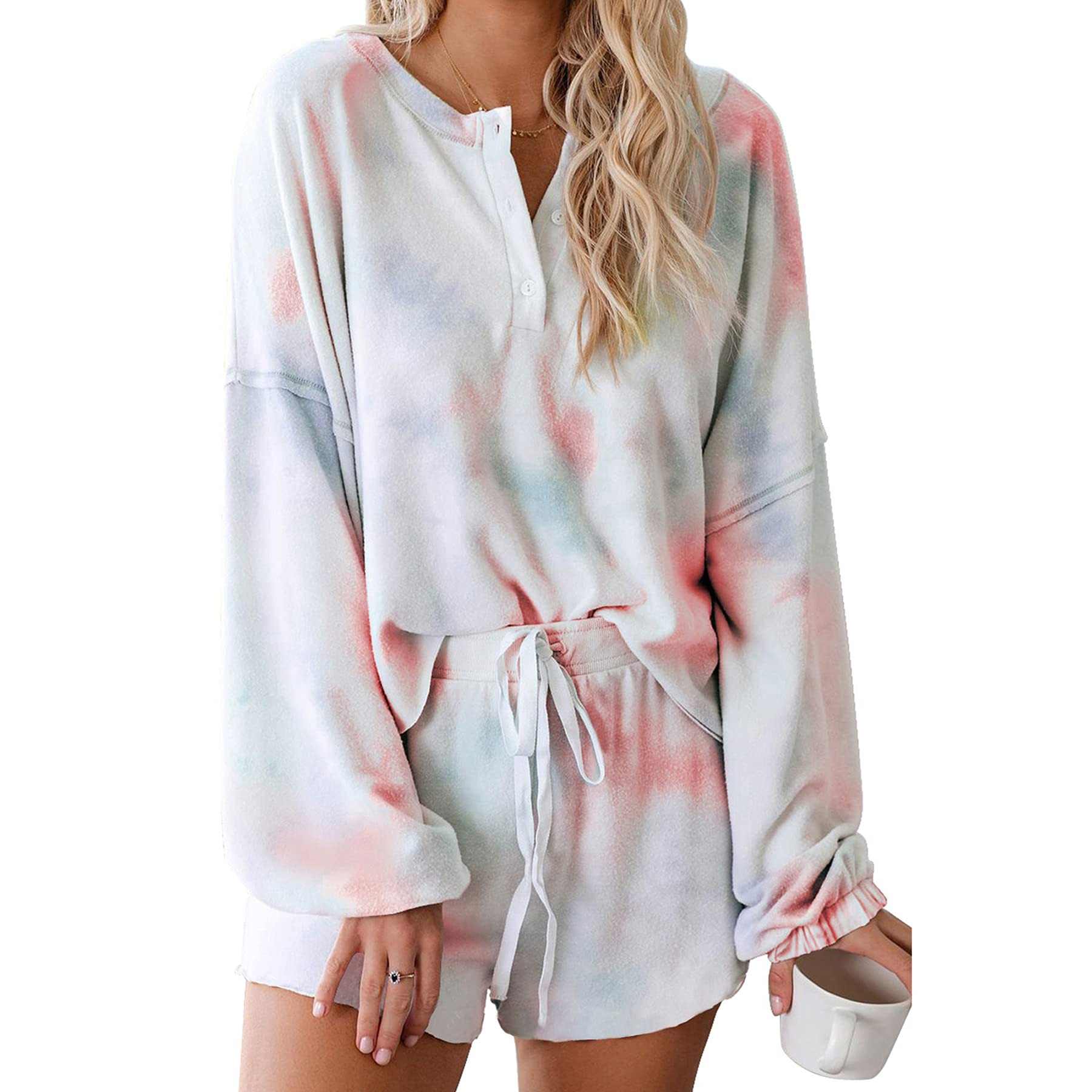 Zando Women's Long Sleeve Cotton Pajama Set - 2 Piece Sleepwear & Lounge Outfit with Shorts | Soft Comfy PJS for Sleeping, Relaxing at Home, and Casual Wear