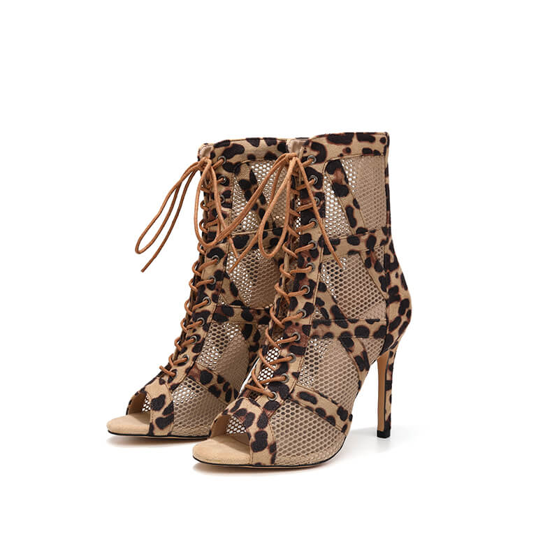 Sexy Brown Leopard Print Hollow Out Jazz Heels Ankle Boots for Women - Perfect for Night Out, Dance Parties & Fashion Shows