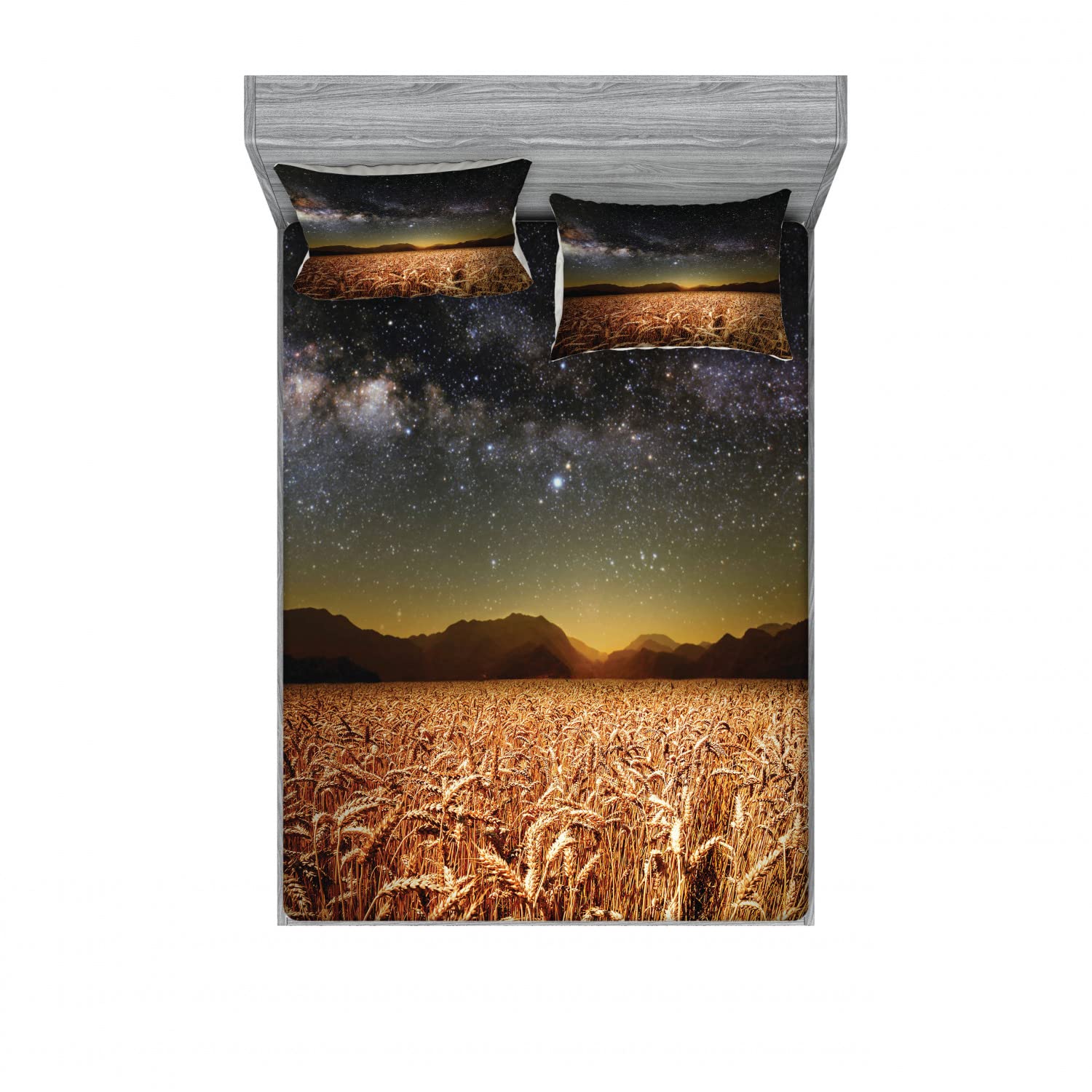 Ambesonne 2-Pack Queen Size Fitted Sheet & Pillow Sham Set - Star Clusters in Twilight Space Theme Bedding (4-Piece Set, Tan Grey) for Cozy Bedroom Decor & Astronomy Lovers