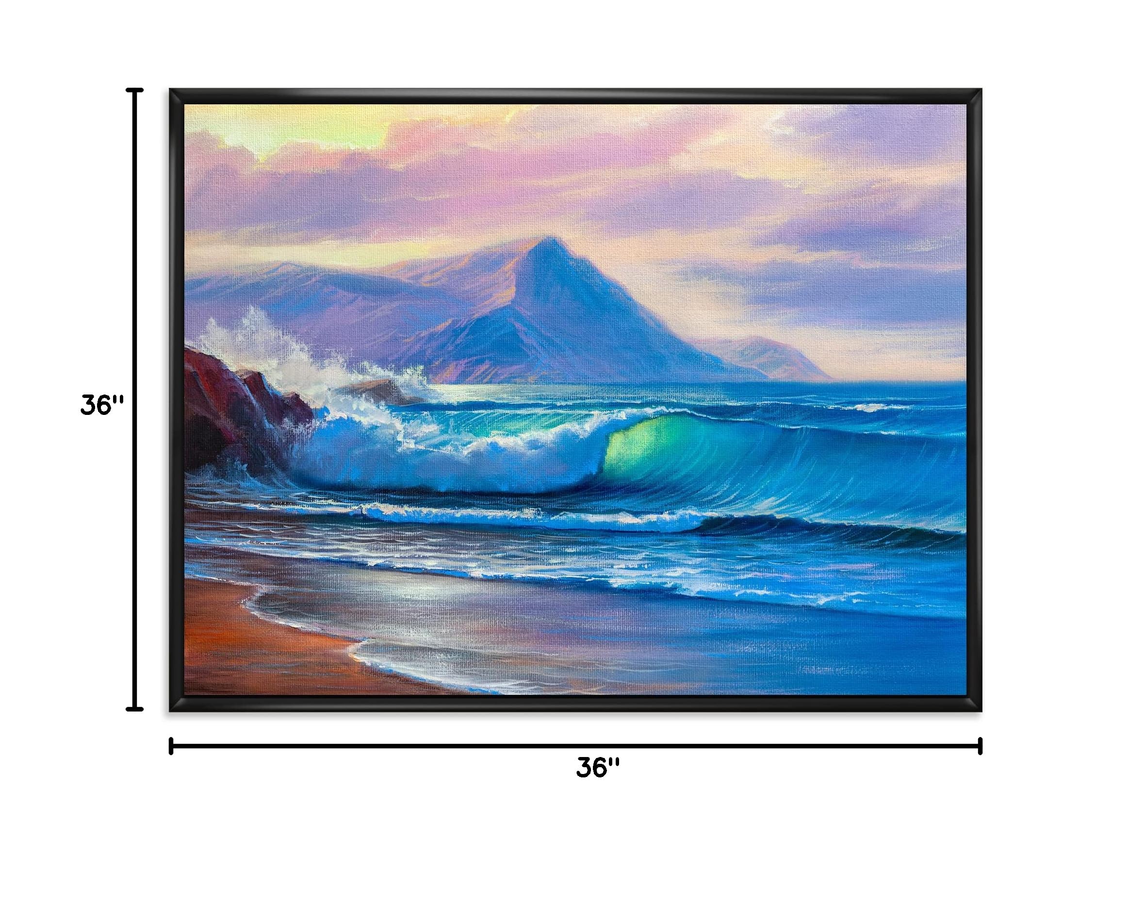 Blue Waves Breaking At The Beach Framed Canvas Wall Art - Coastal & Nautical Decor for Living Room, Bedroom, Office | DesignQ