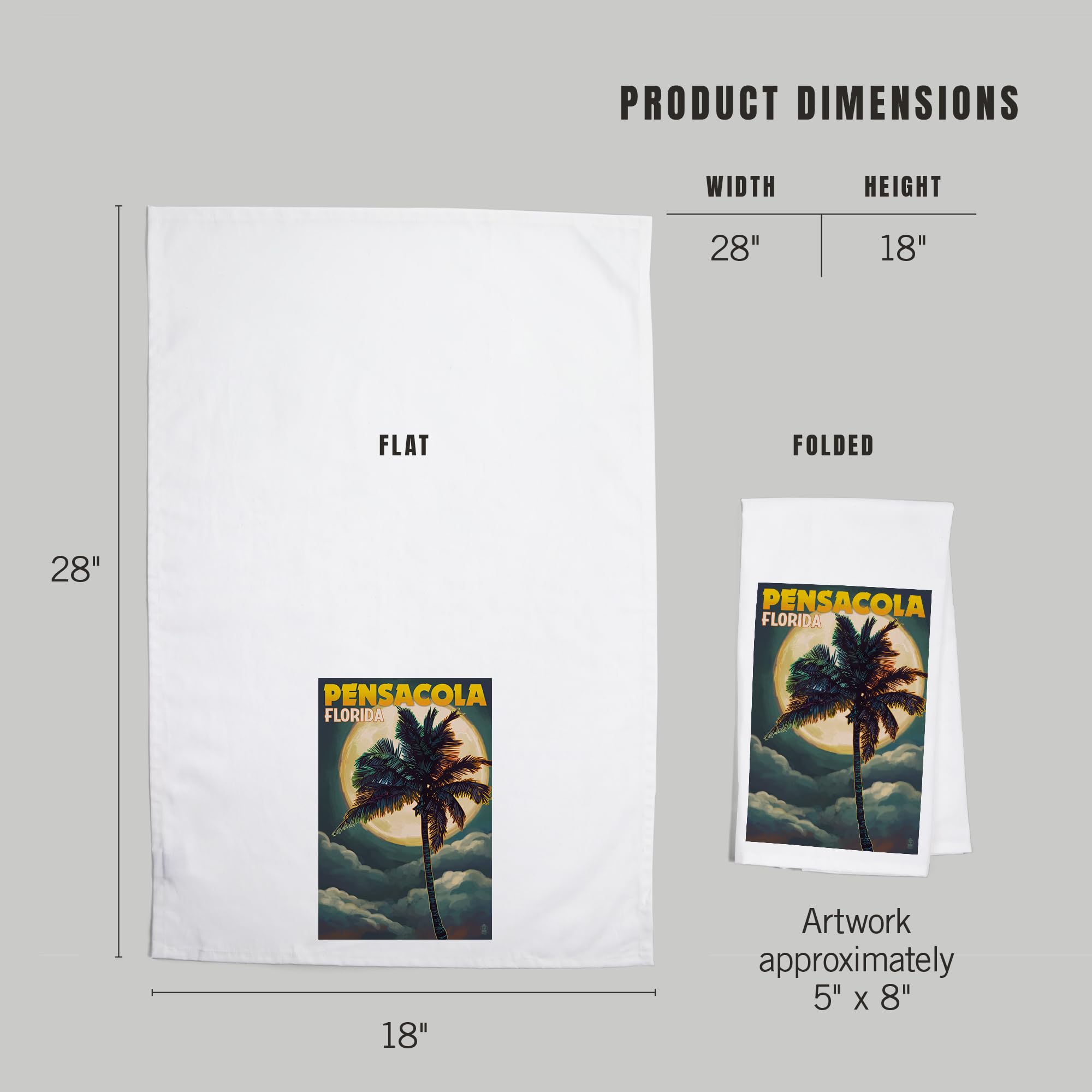 Lantern Press Pensacola Florida Palms and Moon 100% Cotton Tea Towel - Decorative Hand Towel for Kitchen, Bathroom & Home Decor - Perfect for Gifts, Housewarming & Coastal Themed Spaces