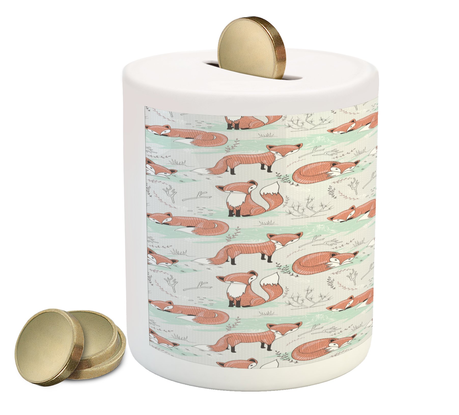 Lunarable Woodland Piggy Bank - Cartoon Fox Design in Nature Scene, Printed Ceramic Money Box for Cash Savings (Grey/Pale Orange/Mint Green) | Perfect Gift for Kids' Savings, Home Decor & Nature Lovers