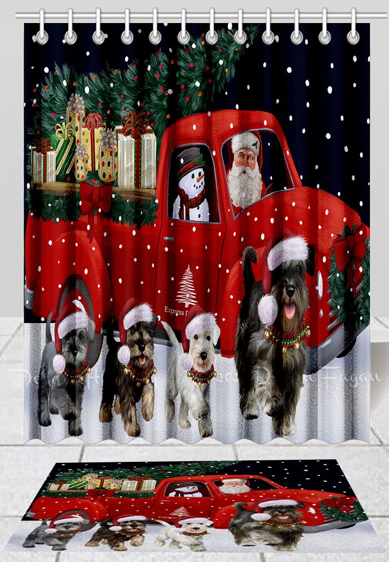 Christmas Red Truck Running Maltese Dog Shower Curtain & Bath Mat Set - Anti-Slip Polyester Bathroom Decor with Plush Rug (Mat 20