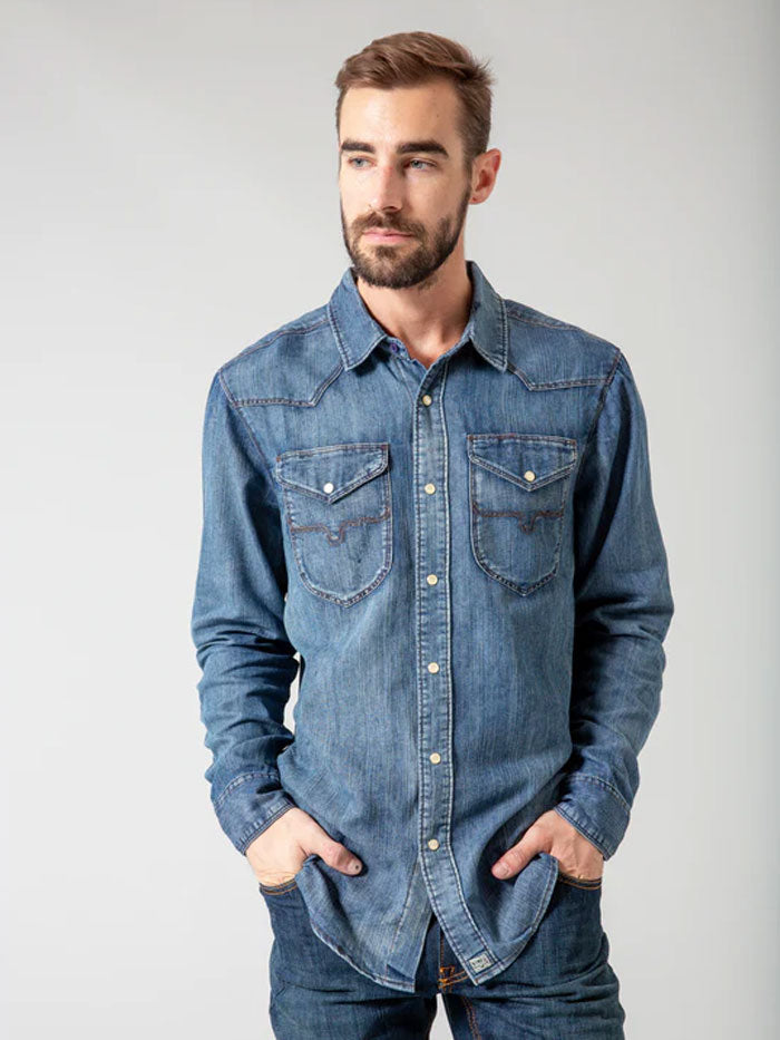 Kimes Ranch GRIMES Men's Long Sleeve Snap Button Denim Shirt - Dark Indigo Western Shirt for Casual Wear, Rodeo & Outdoor Activities