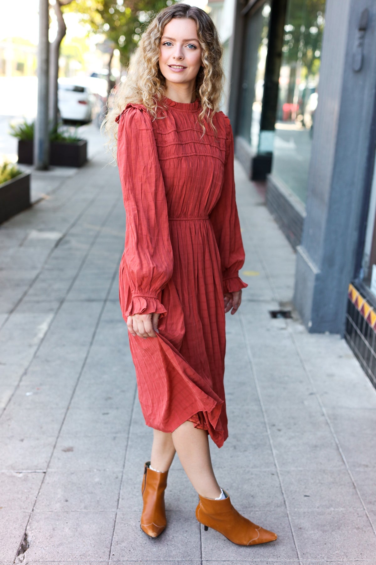 Love Found Rust Mock Neck Embossed Lined Dress - Elegant Fall Women's Dress for Date Night, Office Wear & Special Occasions
