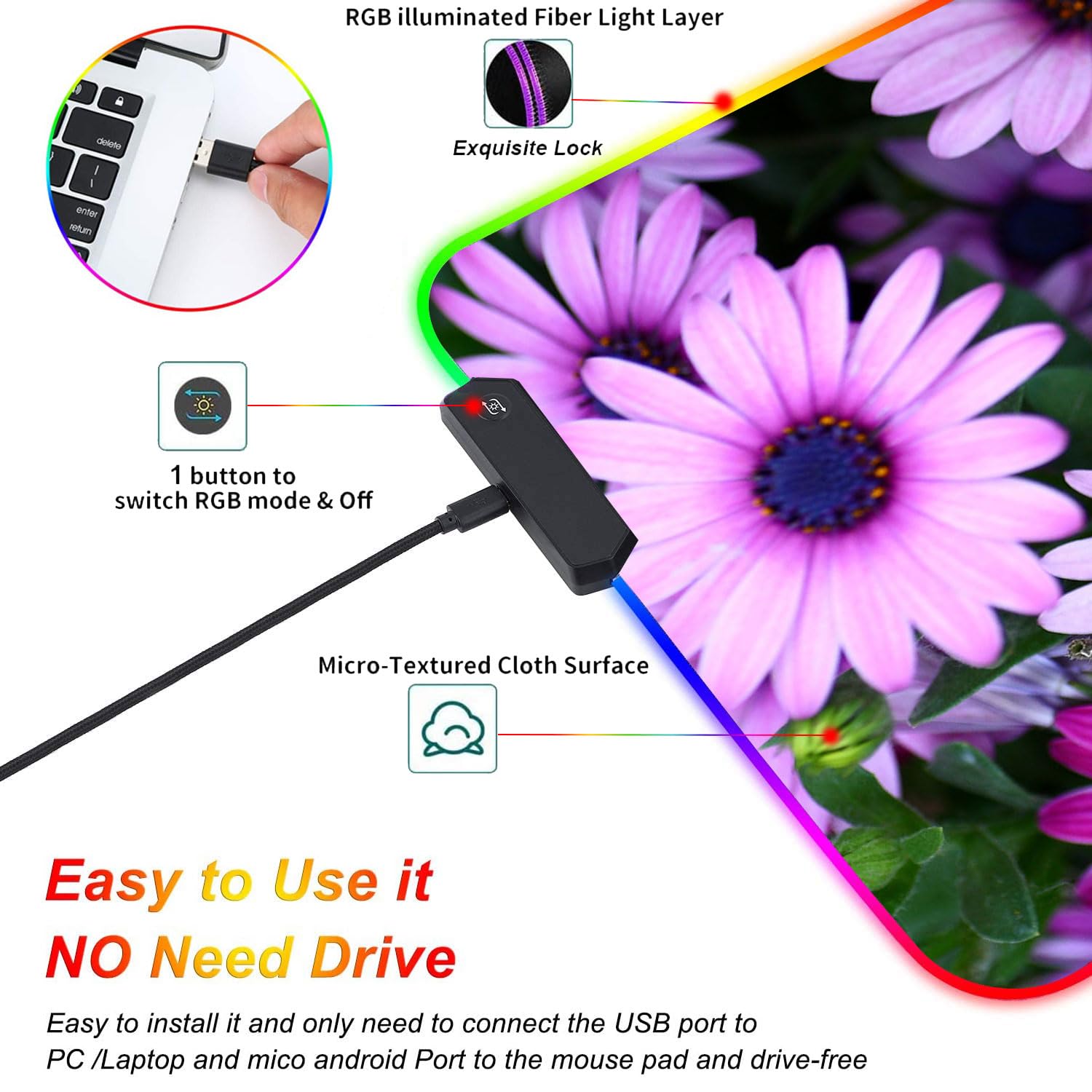 Custom RGB Gaming Mouse Pad & LED Coffee Coaster - 31.4x11.8 Inch Large Glowing Anti-Slip Desk Mat with Rubber Base for Computer Keyboard - African Daisy Design - Perfect for Gaming Setups & Office Workstations