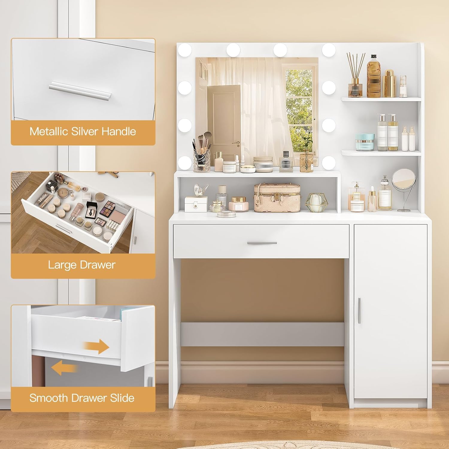 Quimoo Vanity Desk with Mirror & Lights - 3 Colors, Adjustable Brightness for Bedroom Makeup