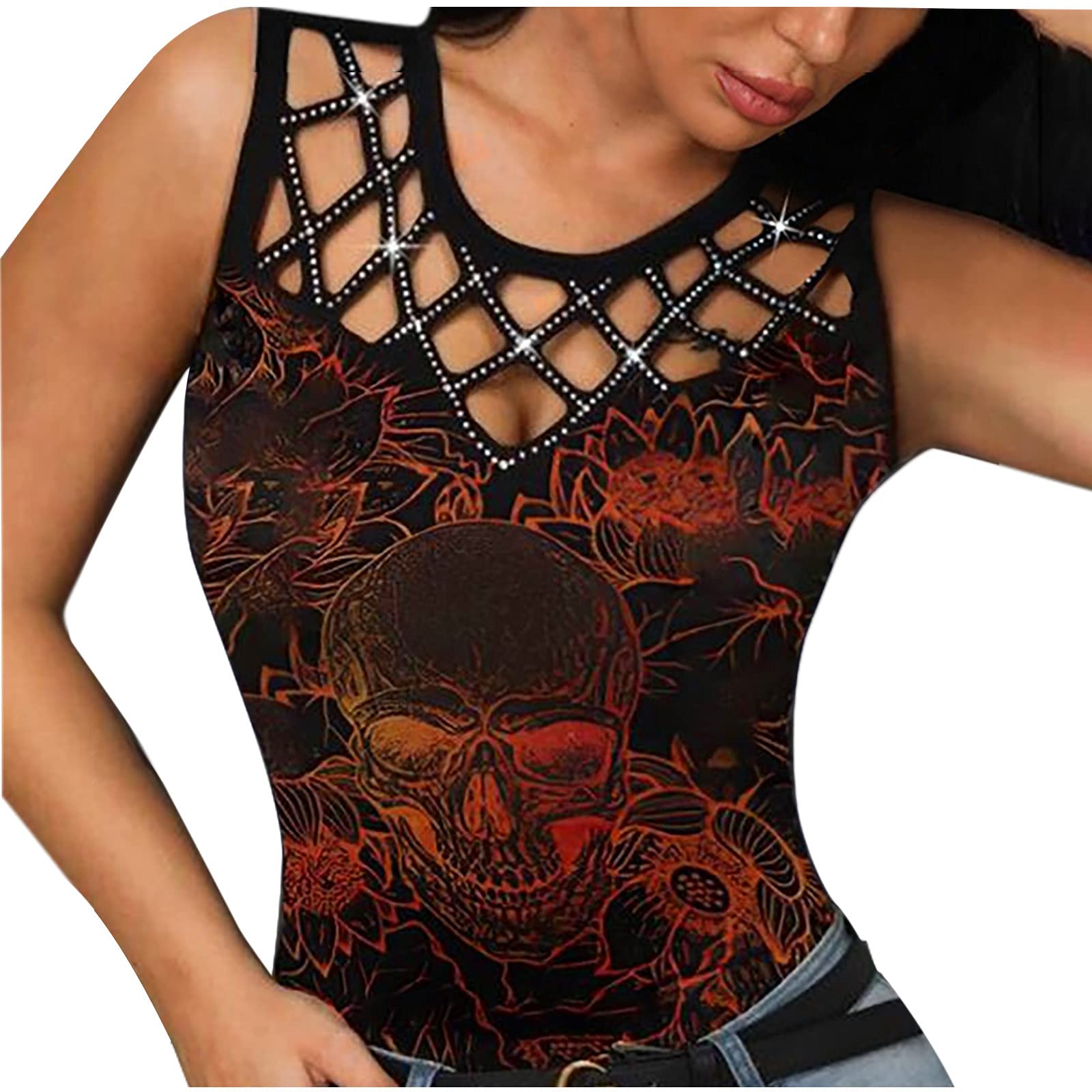 Women's Casual Sleeveless Hollow Out Print Tank Top - Breathable O-Neck Blouse for Summer, Beach, Yoga & Daily Wear