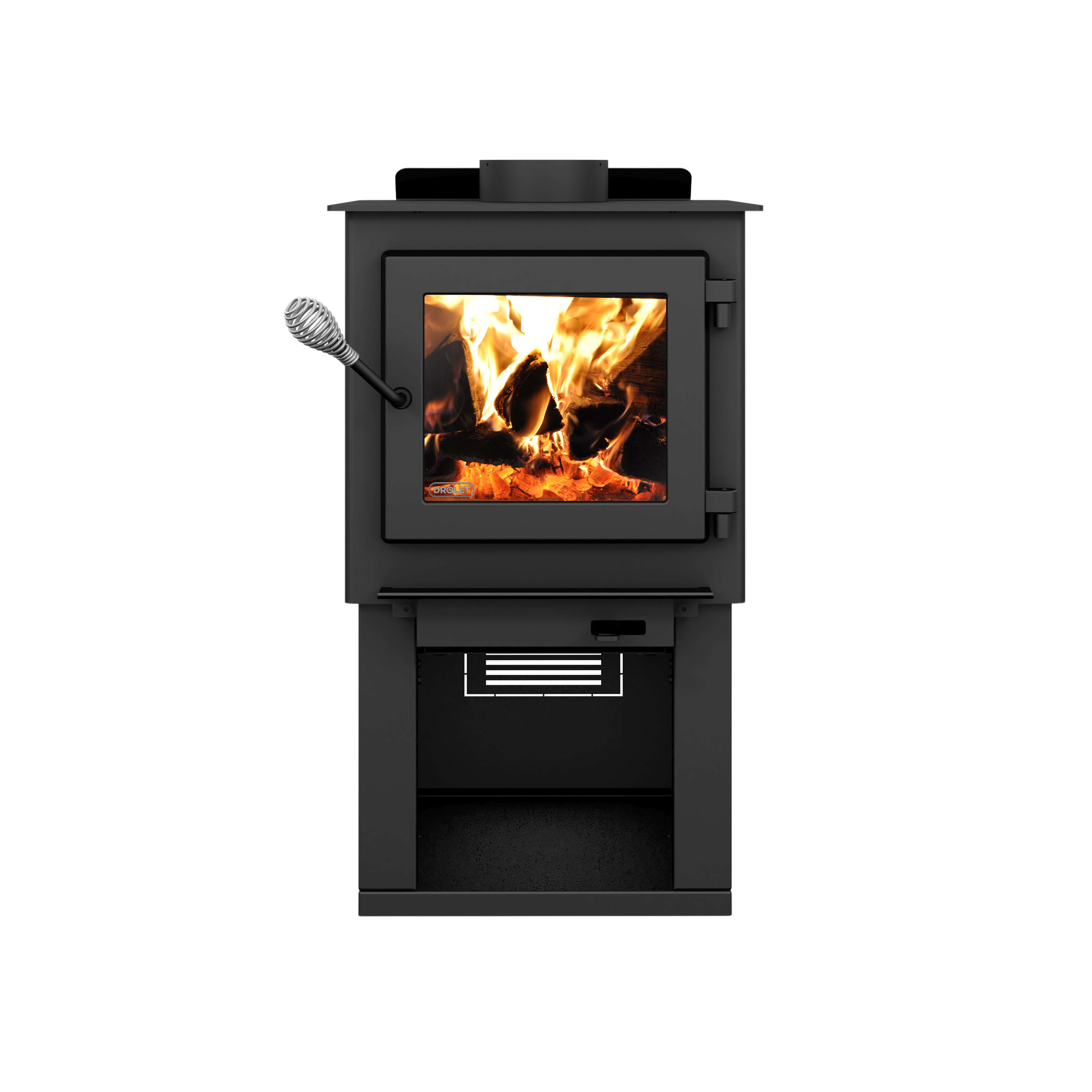 Drolet Deco Nano 1,200 Sq. Ft. EPA Certified Wood Burning Stove with Pedestal Stand & Firewood Storage - Perfect for Small Cabins, Tiny Homes, and Cozy Living Rooms