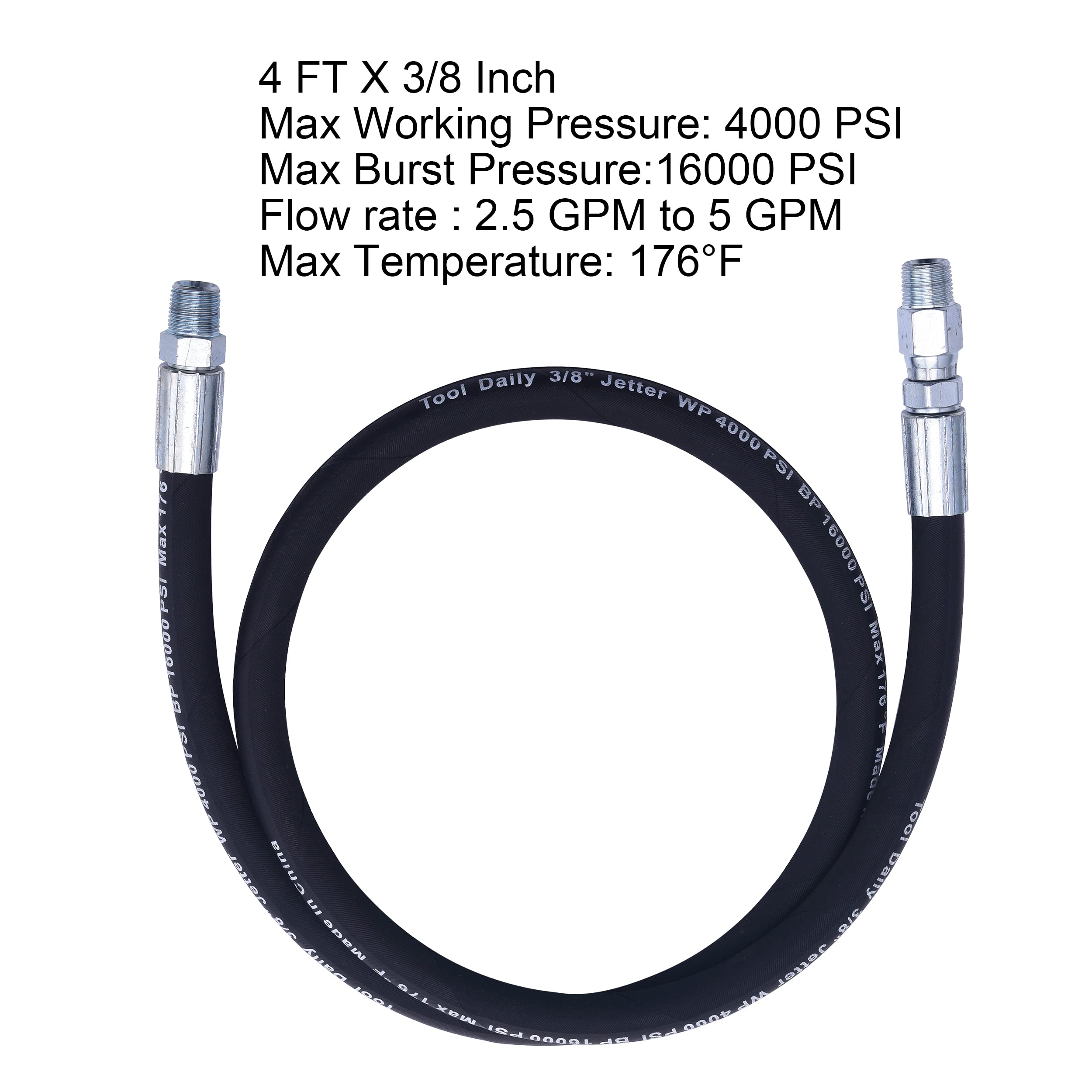 Heavy Duty Pressure Washer Hose Reel with Swivel - 50ft Commercial Grade Whip Hose for Power Washing, Car Washing & Home Cleaning - Ideal for Driveway, Deck, Patio & Outdoor Cleaning