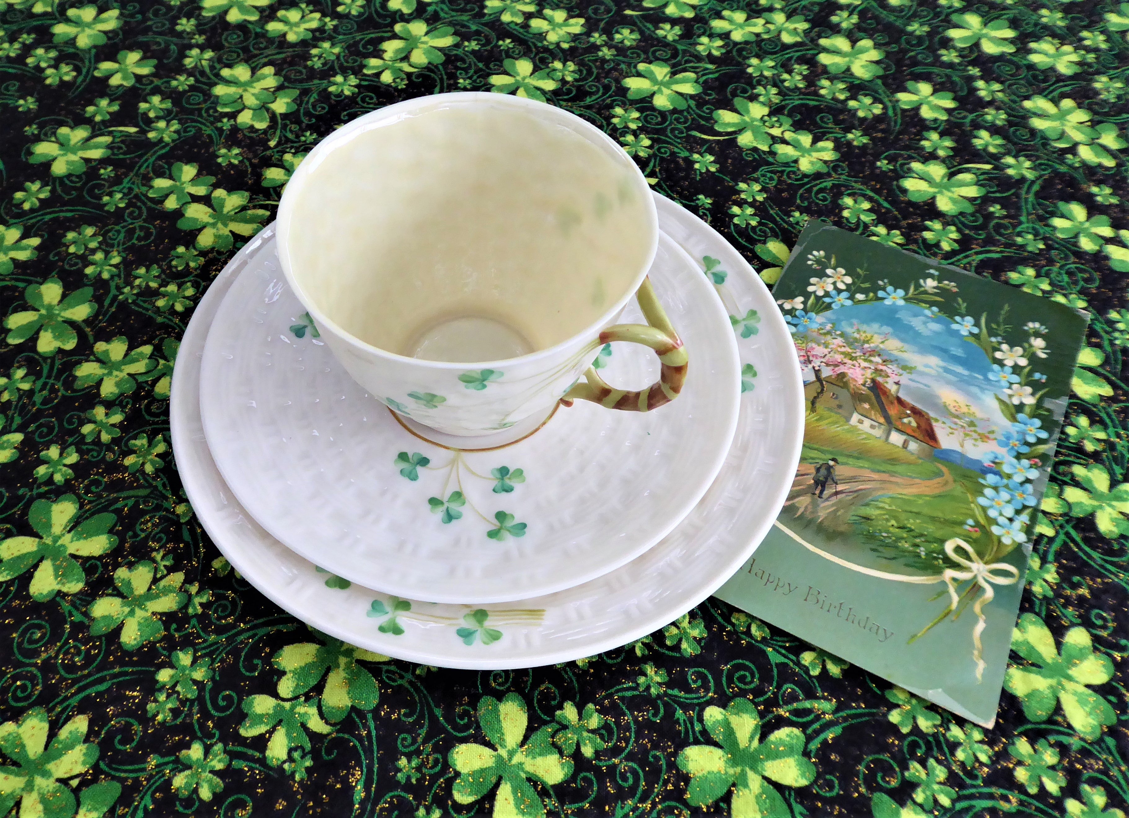 Vintage Irish Belleek Teacup Trio Set - Handcrafted Basket Weave Design with Shamrocks (1950s 4th Green Mark) - Perfect for Afternoon Tea, Collectible Irish Porcelain, Wedding Gift