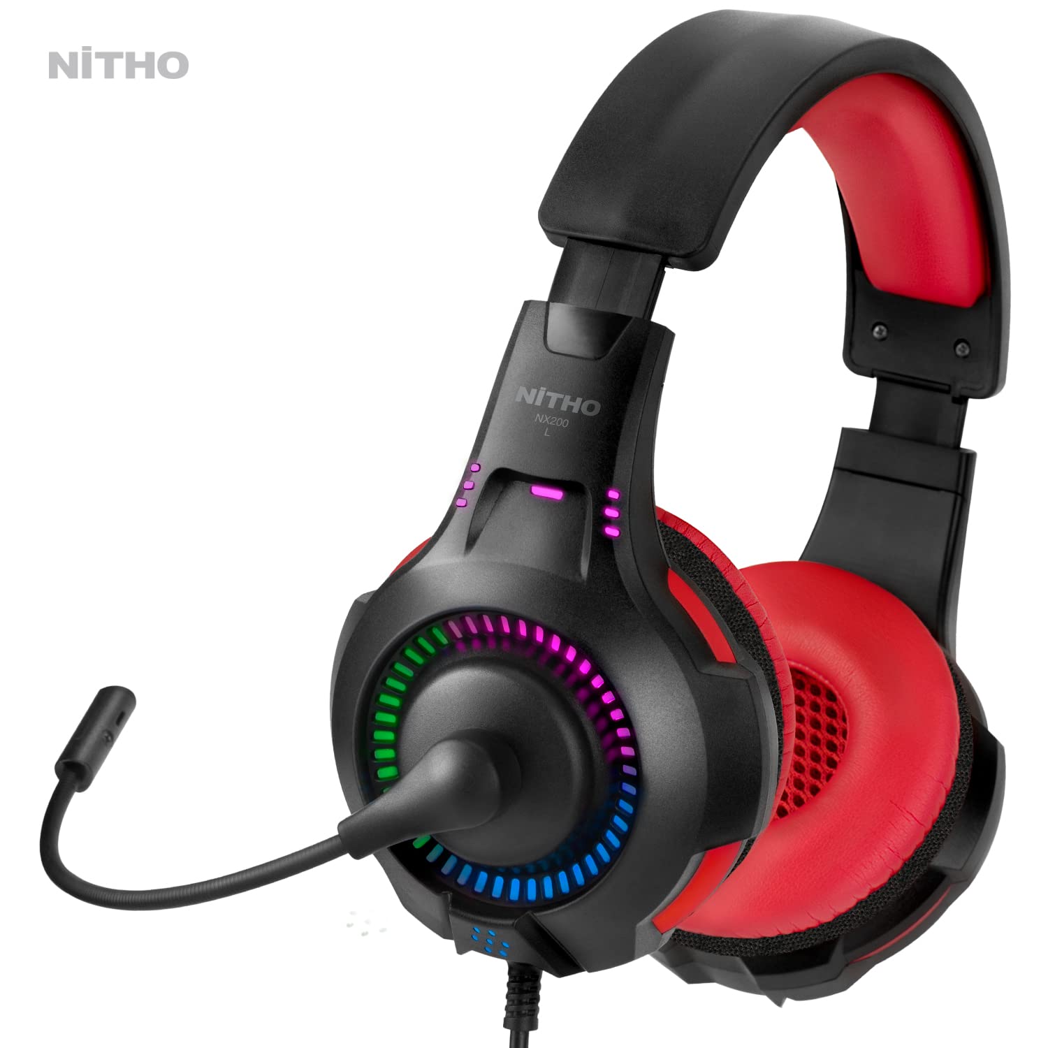 NITHO NX200 Gaming Headset for PC, PS4, PS5, Xbox, Mobile & Tablet - Stereo Surround Sound Headphones with Flip-Up Microphone, RGB Lighting (Red) - Perfect for Online Gaming, Streaming & Video Calls