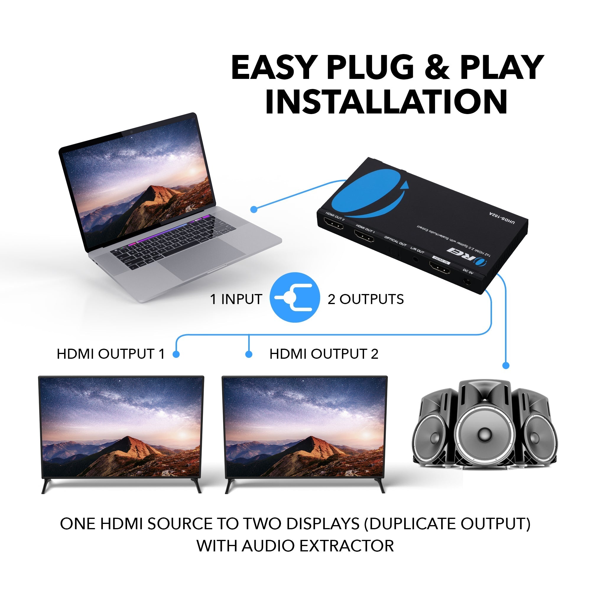 1x2 HDMI Splitter 4K Ultra HD 1 Input 2 Output - EDID Management, Downscaling & Audio Extraction (UHDS 102A) for Home Theater, Gaming & Multi-Monitor Setup