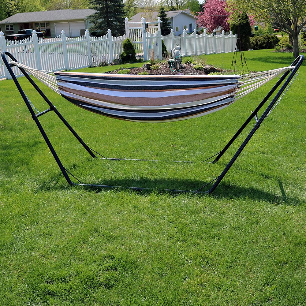 Premium Double Brazilian Cotton Hammock with Universal Stand - 450 lb Weight Capacity - Black Steel Frame - Relaxing Desert Design for Backyard, Patio & Outdoor Lounging