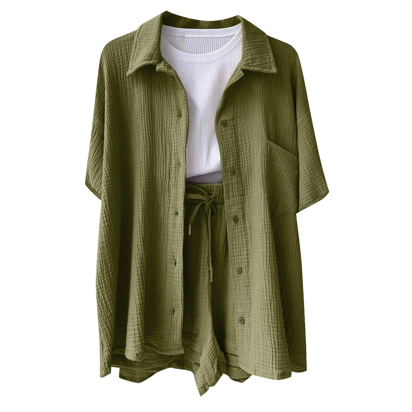 Women's Summer Outfit Set - Casual Short Sleeve Button Down Shirt & High Waist Shorts, Solid Color Lounge Wear for Beach Vacation, Pool Party, and Summer Travel