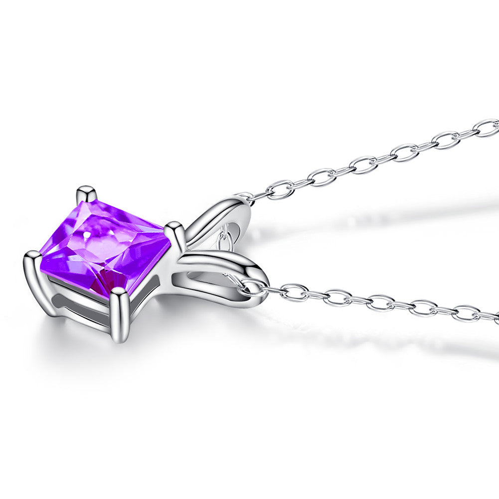 14K Solid White Gold Princess Cut 5MM Genuine Blue Topaz & Amethyst Pendant Necklace for Women - Elegant Jewelry Gift for Birthday, Anniversary & Special Occasions