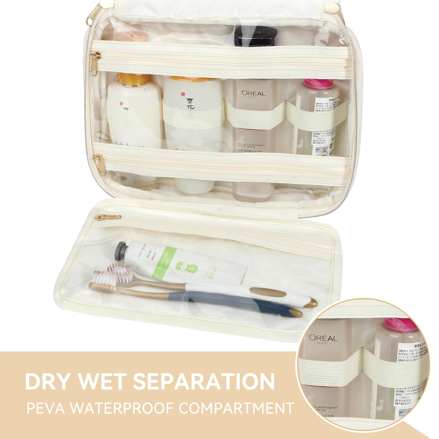 Voova Hanging Travel Toiletry Bag for Women & Men - Waterproof Cosmetic Organizer with Full-Sized Container & Brush Set - Perfect for Shampoo, Makeup & Travel Essentials (Beige) - Ideal for Camping, Gym & Business Trips