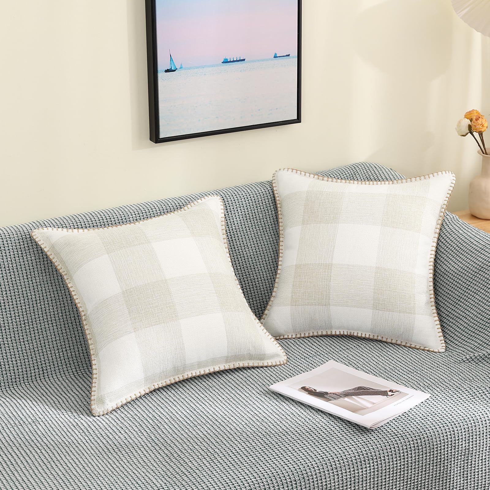 Buffalo Plaid Check Spring Throw Pillow Covers 20x20 Set of 2 - Farmhouse Decorative Pillow Cases with Stitched Edge for Couch, Sofa & Bed - Cream White & Beige - Perfect for Living Room, Porch & Seasonal Home Decor